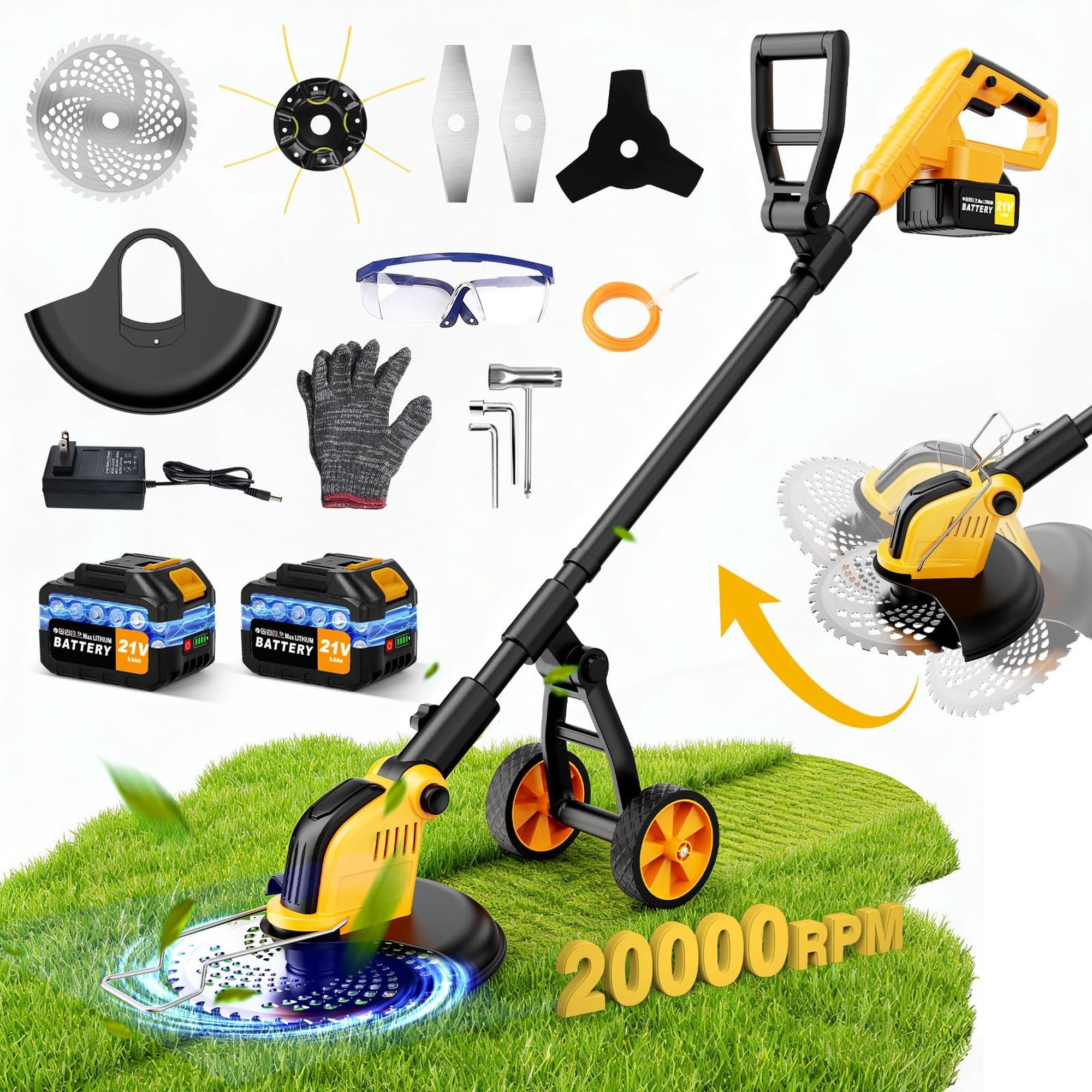 Angel Sar - Cordless Electric Weed Wacker with 4 Types Blades and Removable Auxiliary Wheel 20000...