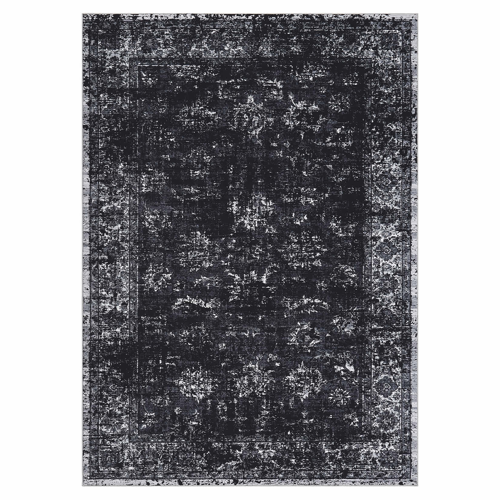 Qeetex SUNNY-PHO-334R0IJR 10 x 13 ft Polyester Black Rectangular Living Room Bedroom Dining Room Distressed Floral Print Vintage Machine Washable Area Rug