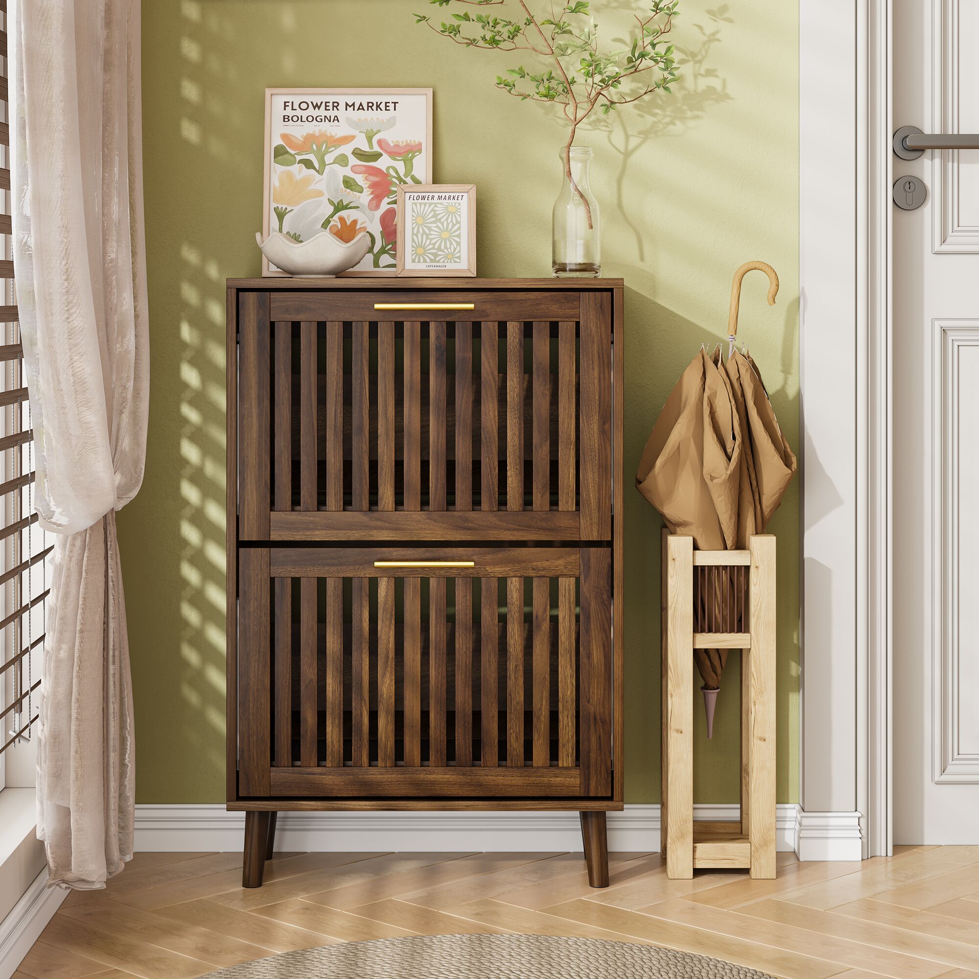 LUXEYARD 23.6 inch walnut shoe cabinet medieval modern independent shoe cabinet fence shoe cabinet with 2 flip drawers suitable for corridors and entrances