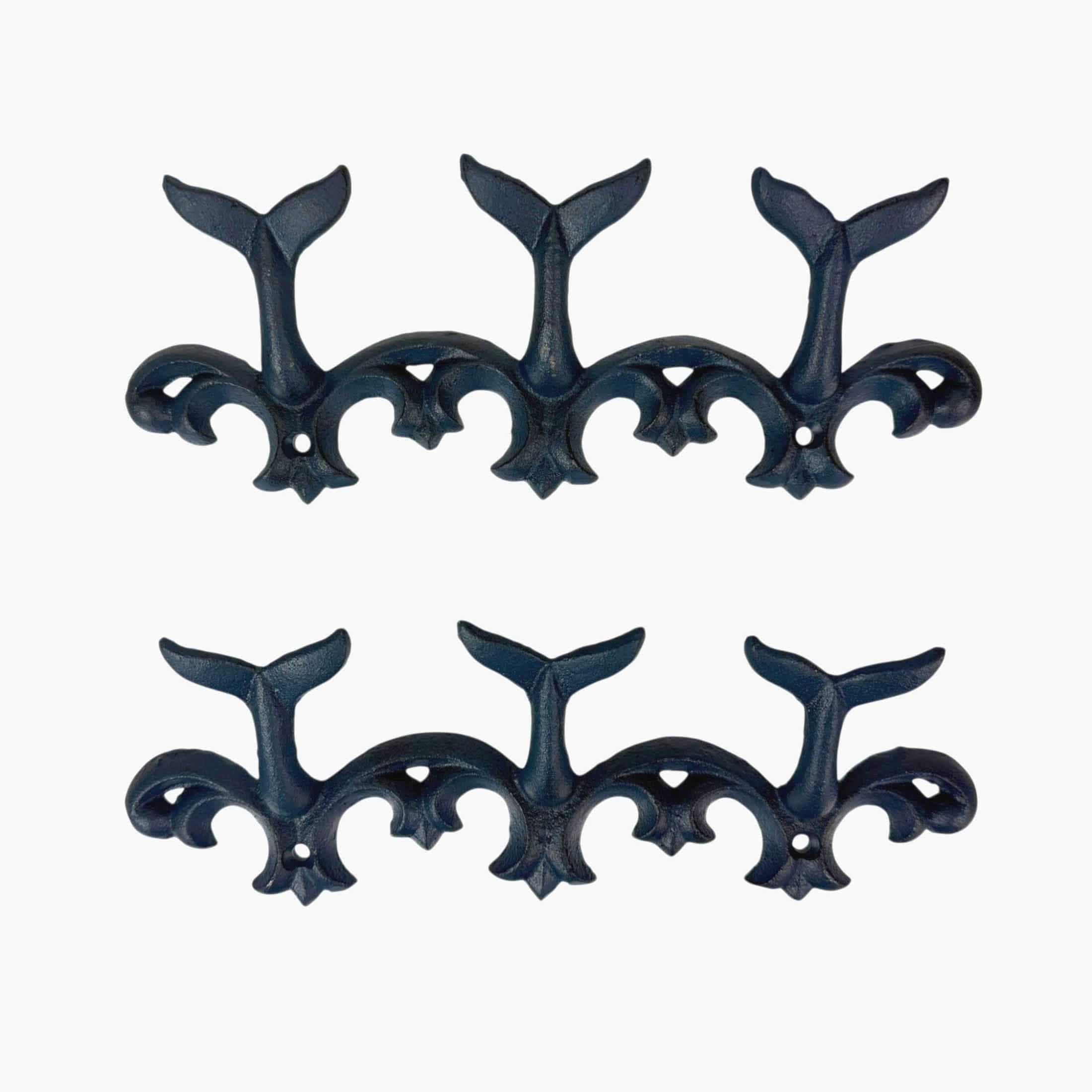 Things2Die4  Cast Iron Decorative Wall Hooks Set of 2 - Whale Tail Coastal Triple Hook Racks - Matte Blue - Wall-Mounted - 10.5-in W X 4-in H X 1.5-in D Each