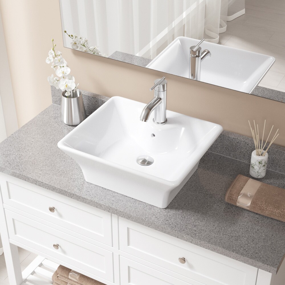 MR Direct V150-W-753-C White Porcelain Vessel Rectangular Traditional Bathroom Sink with Faucet and Drain Included (19.75-in x 16.63-in)