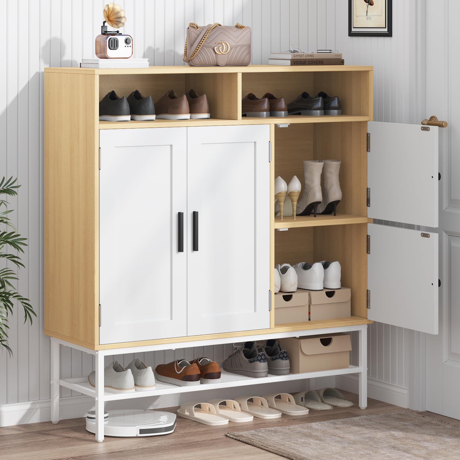 IdealHouse 4 Door Shoe Cabinet with Adjustable Shelves Farmhouse Entryway Shoe Storage Rack for 30 Pairs Tall Organizer for Closet and Living Room White