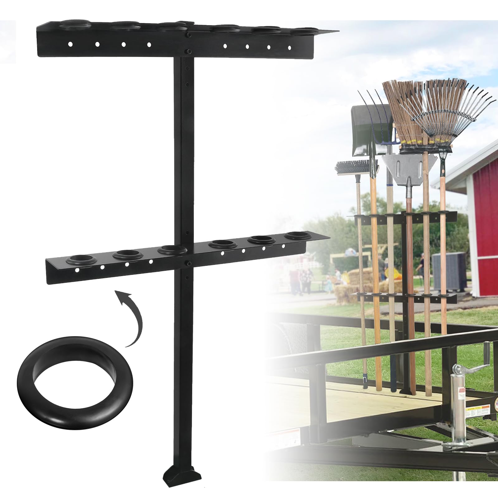 Afoxsos  Trailer Tool Rack Shovel Holder with 6 Tool Holes and Rubber Grommets Black Steel Construction durable home and garden accessory