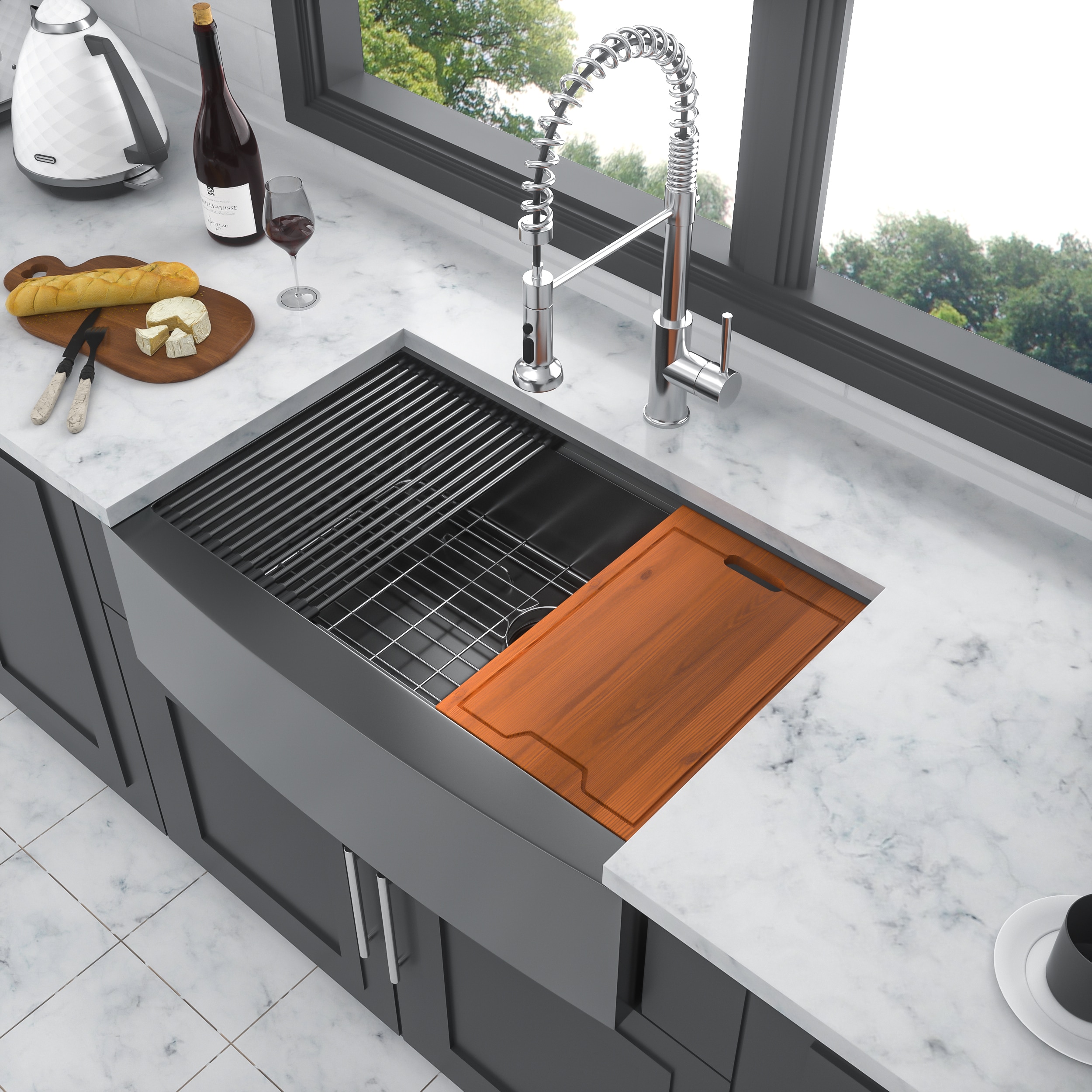 LOVMOR 33in x 22in x 10in Black Farmhouse Sink Workstation 33 Inch Kitchen Sink Gunmetal Black Stainless Steel 16 gauge Apron Front Kitchen Sink
