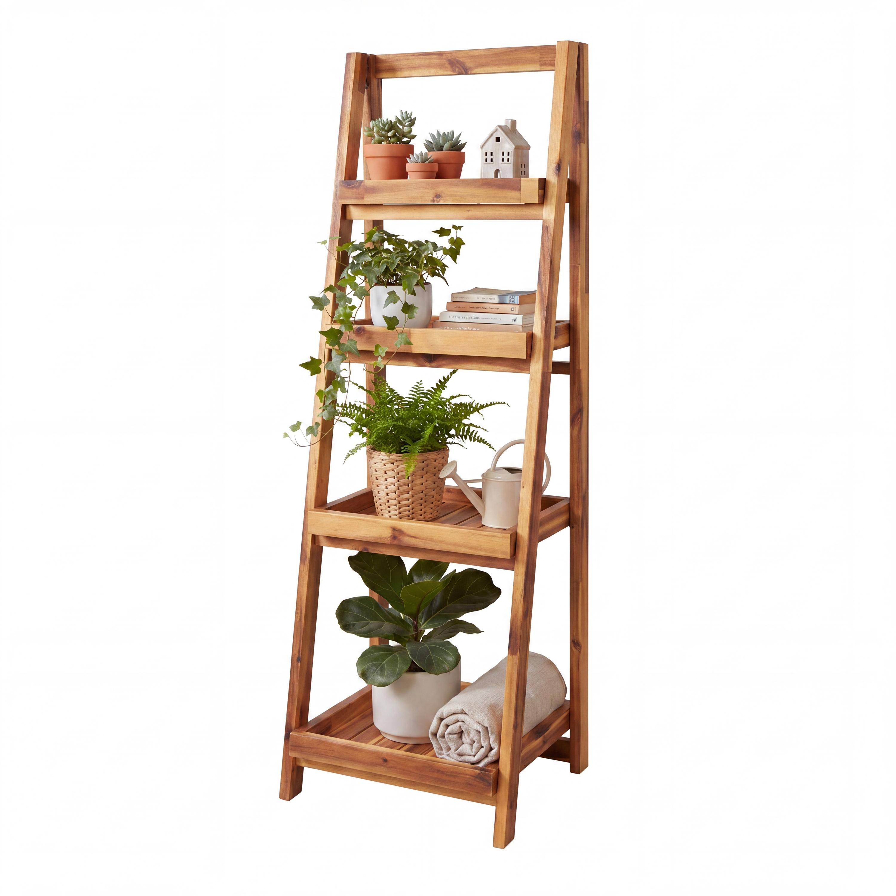happimess Everett 48 in. H Minimalist Handcrafted Acacia Wood 4-Tier Indoor/Outdoor Folding Display Ladder Shelf Storage Rack and Plant Stand - Natural