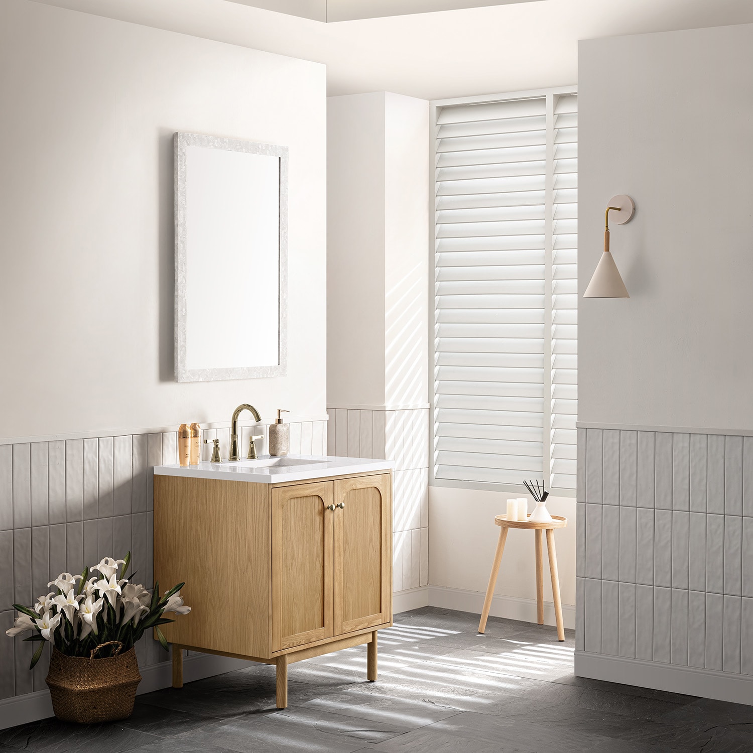Light Natural Oak Wall-Mount Single Vanity with White Quartz Top