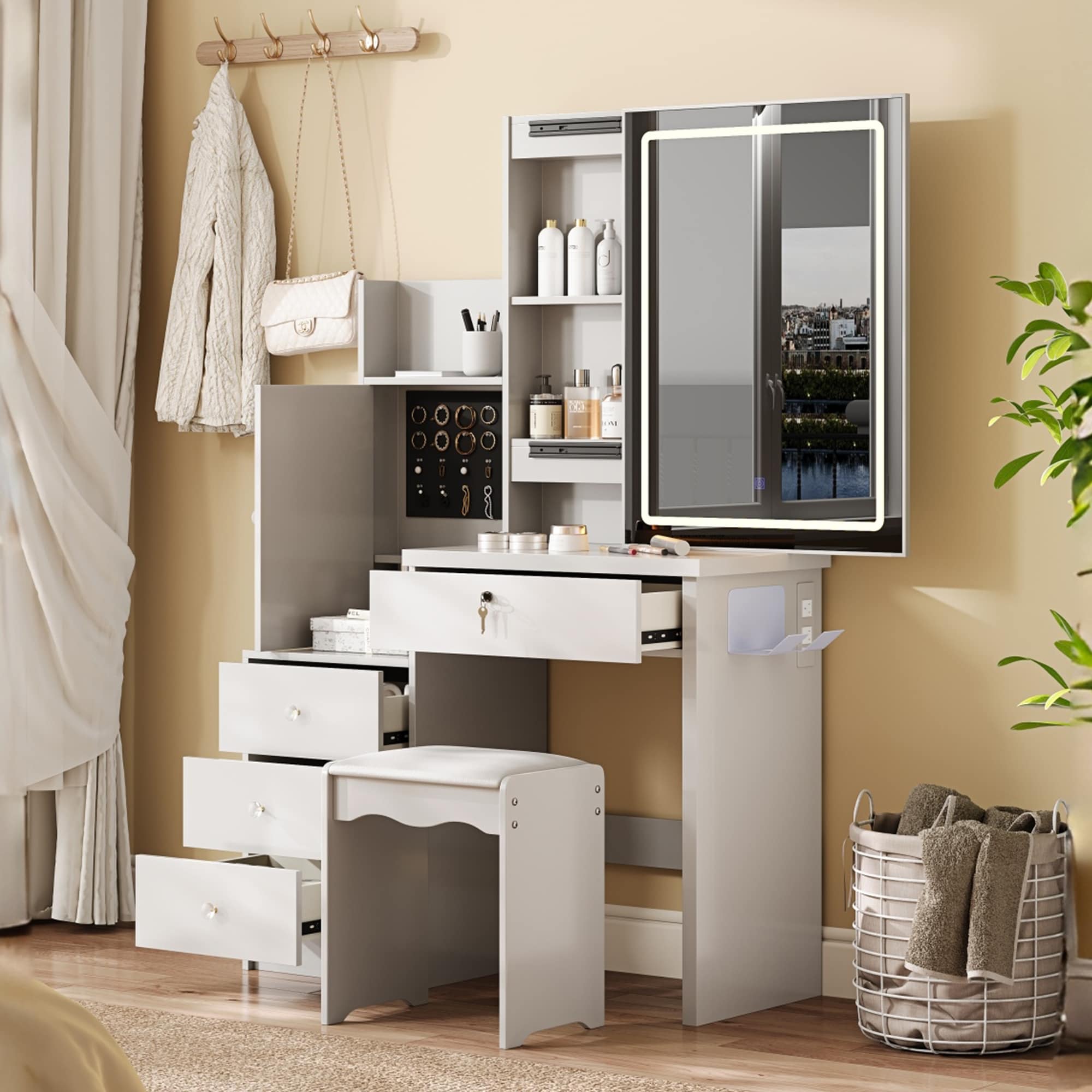 LOVMOR - Vanity Desk Set with Sliding Lighted Mirror Makeup Dressing Table with 4 Drawers and 9 S...