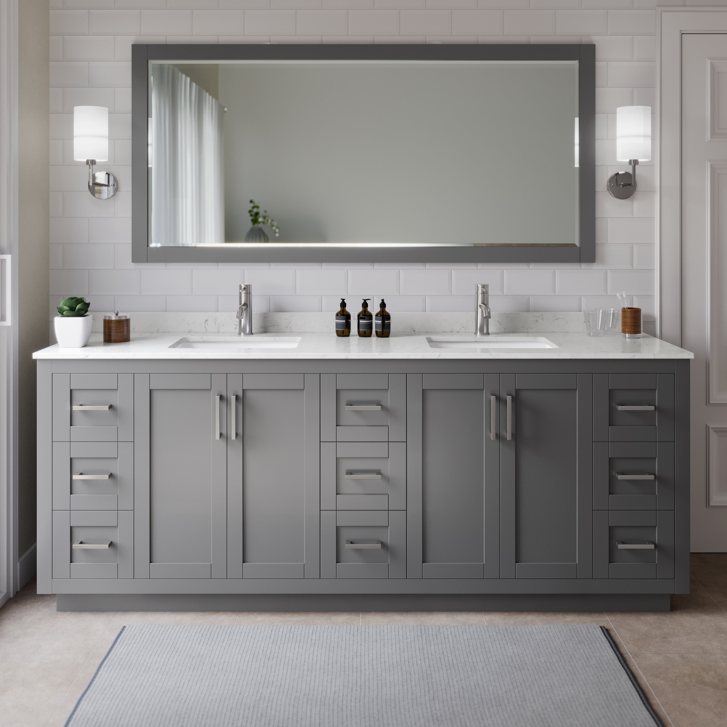 Wyndham Collection WCF292984DKGC2UNSM70 Miranda 84-in Dark Gray with Brushed Nickel Trim Undermount Double sink Bathroom Vanity with Carrara Cultured Marble Cultured marble Top (Mirror Included)
