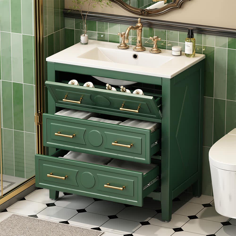 JUJABU BATHVANITY -5 Green 30Inch Bathroom Vanity with Ceramic Sink Combo Free Standing Single Vanity Set with 3 Drawers