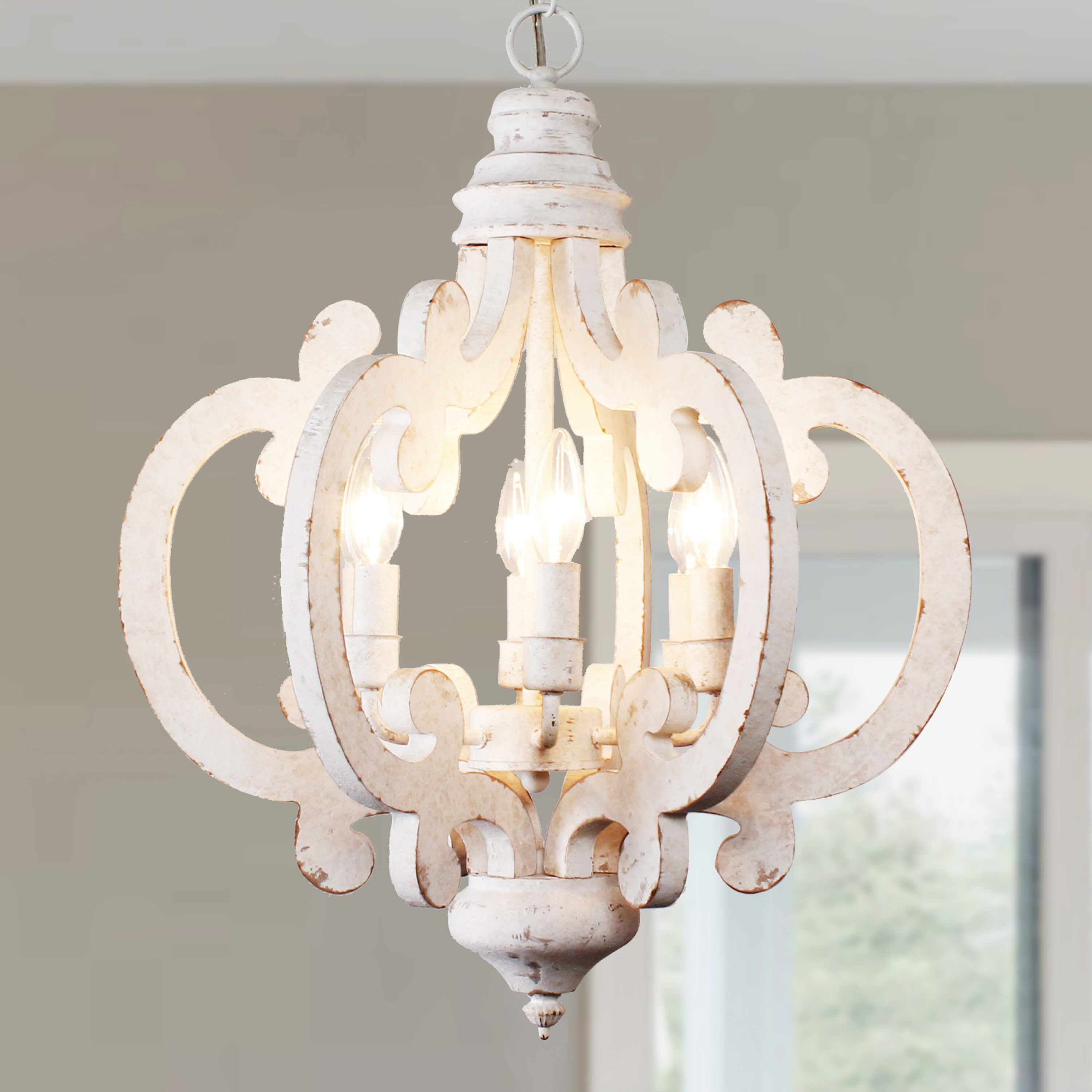 Oaks Decor Olivia 6-Light Distressed White Farmhouse WoodChandelier ...