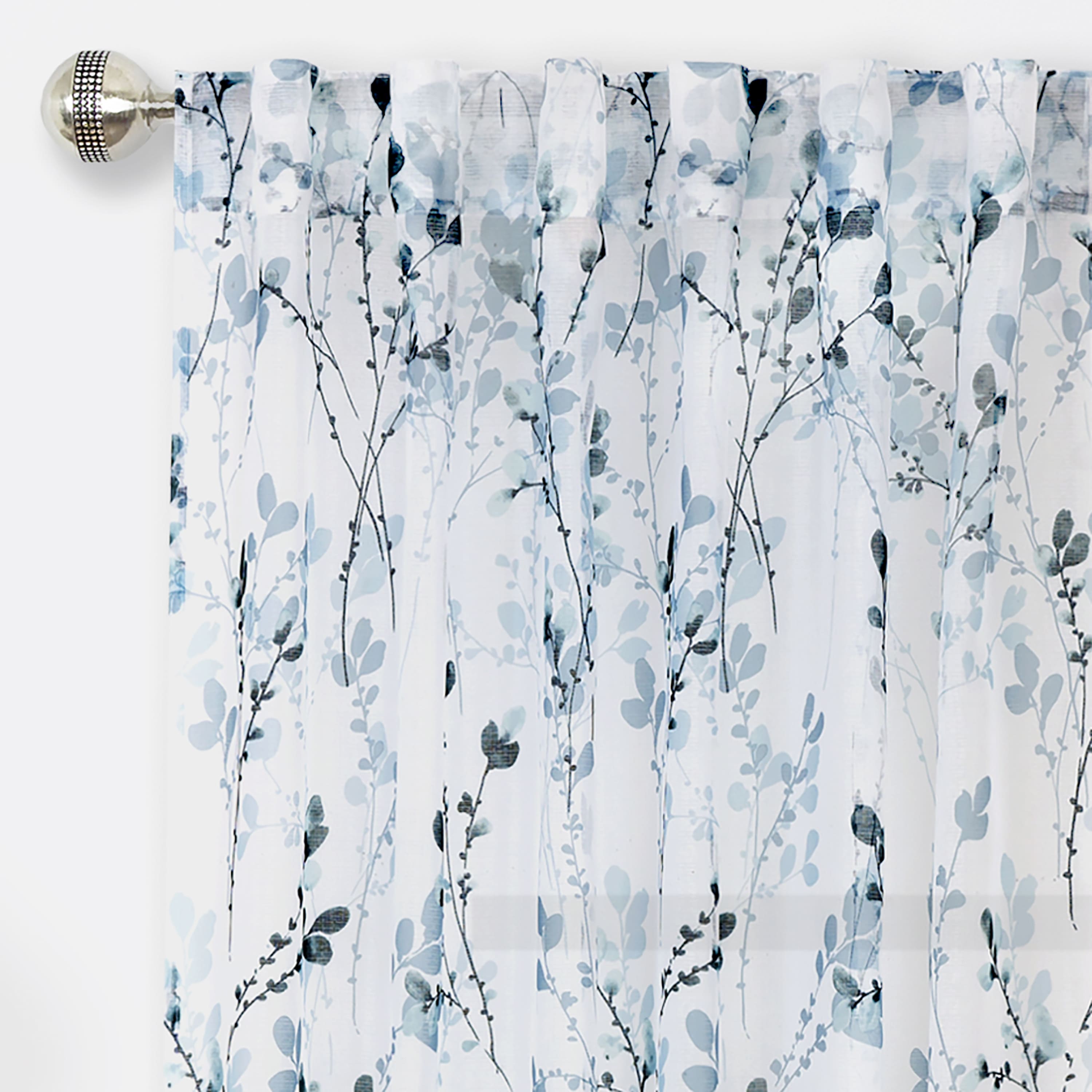 Teal Floral Semi-Sheer Linen-Blend Back Tab Curtain Panel