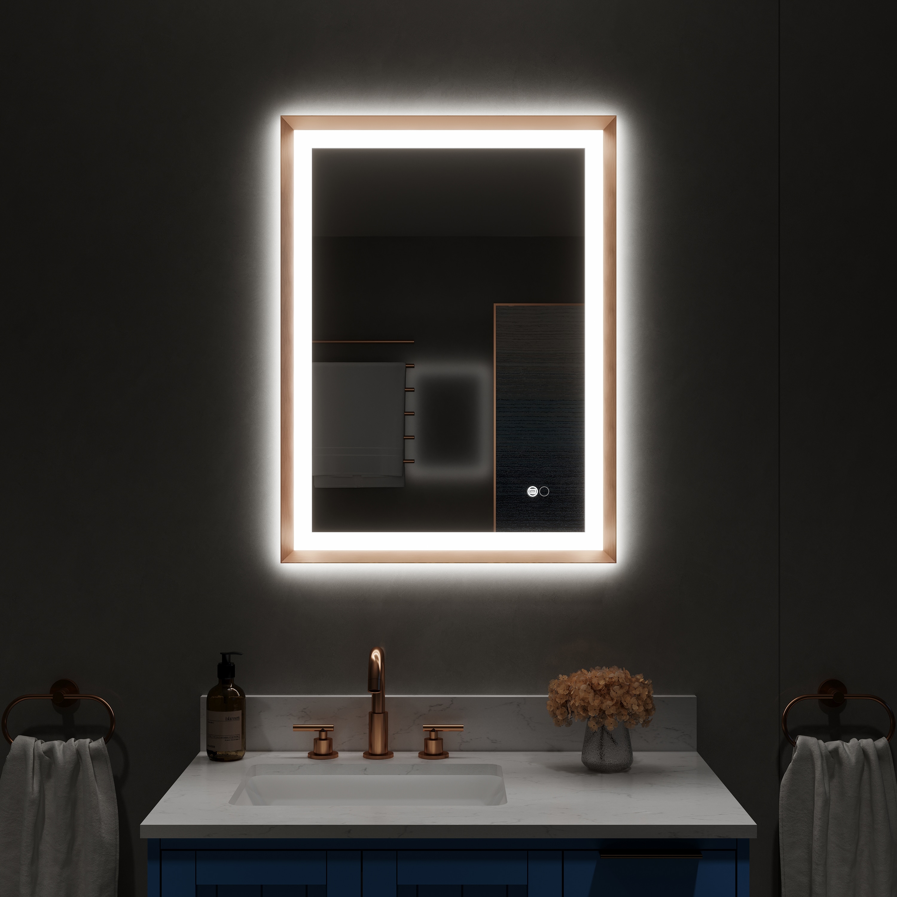 CALVON CLW62432BG Liora Framed LED Mirror 24-in x 32-in Framed Rectangle Dimmable LED Lighted Fog Free Bathroom Vanity Mirror ( Gold )