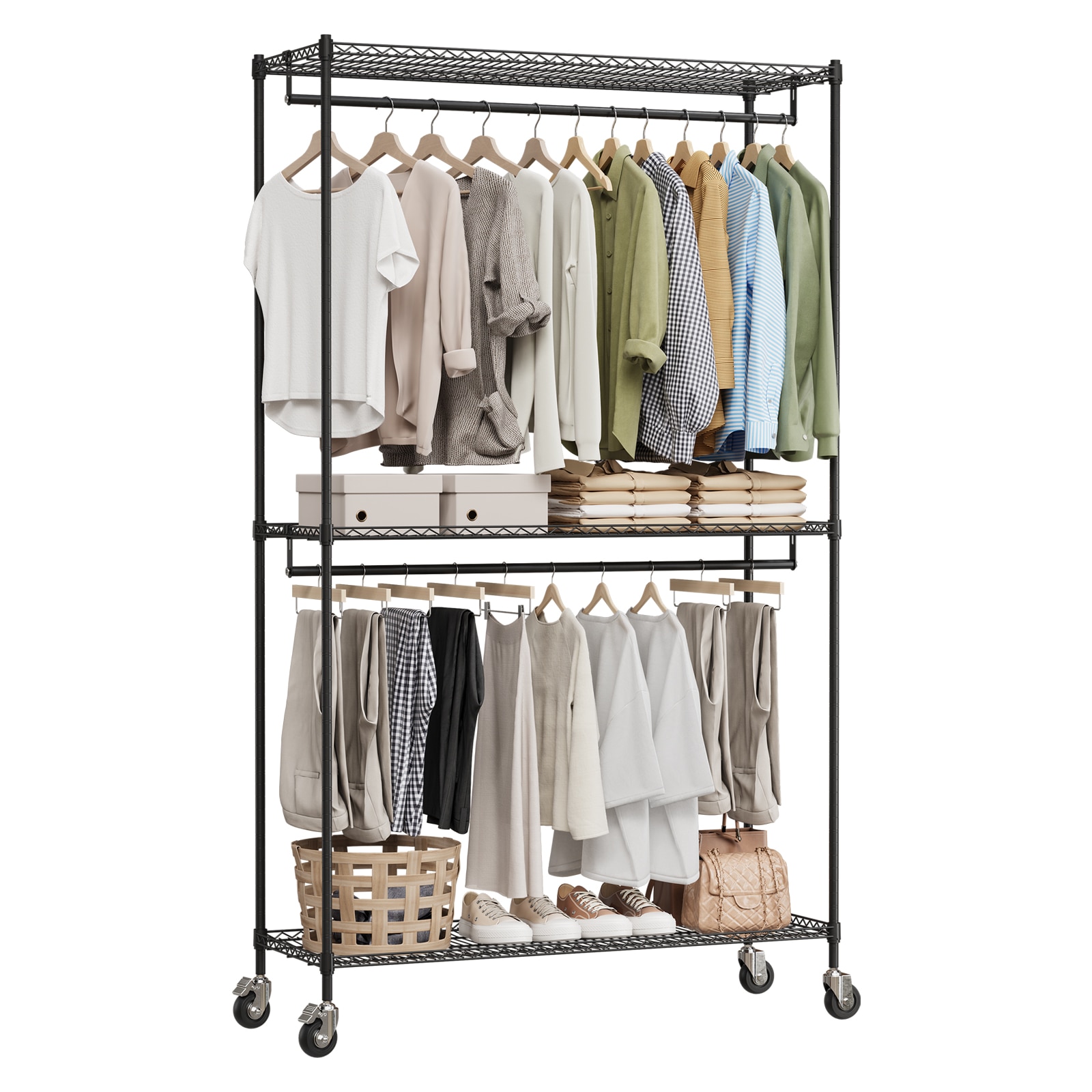 Garvee Heavy Duty Freestanding Clothes Rack with 3 Tier Adjustable Shelves Double Hanging Rods Side Hooks and Rolling Wheels Garment Organizer Black