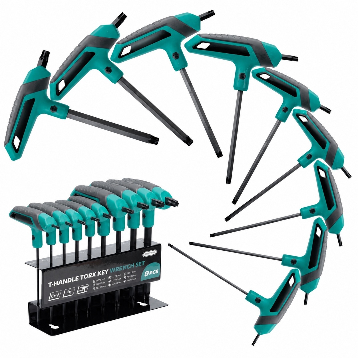 KHKFY  T Handle Torx Wrench Set 9 pcs Star Driver T10 to T50 Dual Ended Ergonomic Grip Chrome Vanadium Steel with Storage Rack for Home Auto Bike
