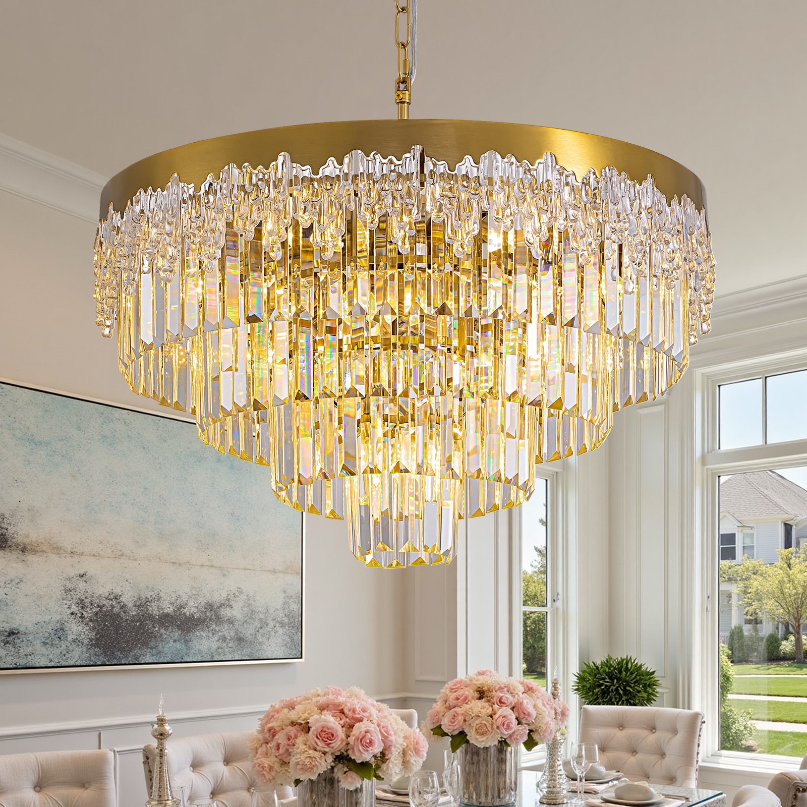 SILJOY 23.6-In Glacier Pattern Modern/contemporary Empire Gold Crystal Chandelier (11-Lights with Brass frame) For Use in Bedrooms Dining Rooms Foyers Kitchens Living Rooms