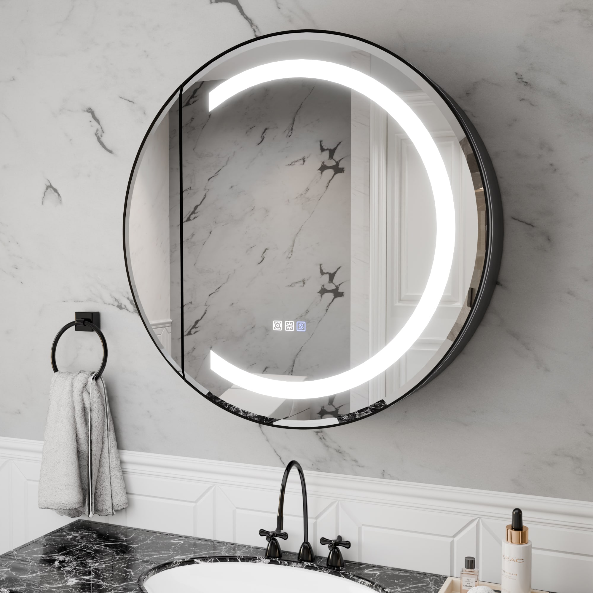 ExBrite W7MC2030R Rondel 30-in x 30-in Lighted LED Fog Free Surface Mount Matte Black Mirrored Round Soft Close Medicine Cabinet
