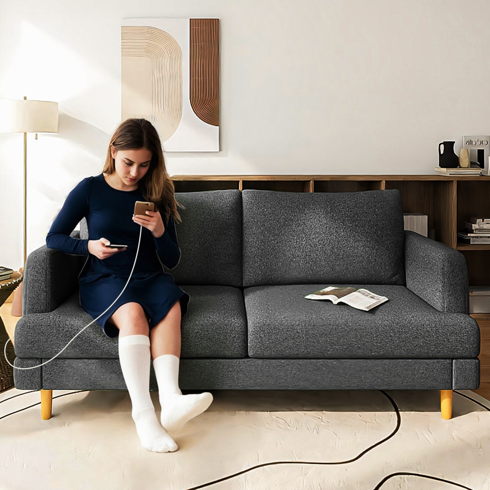 GRANDJOY Deep Grey Linen Loveseat Sofa with USB Charging Port and