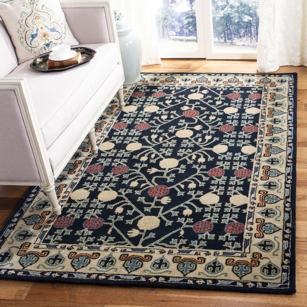 Ivory and Navy 6' x 6' Square Hand-Tufted Wool Rug