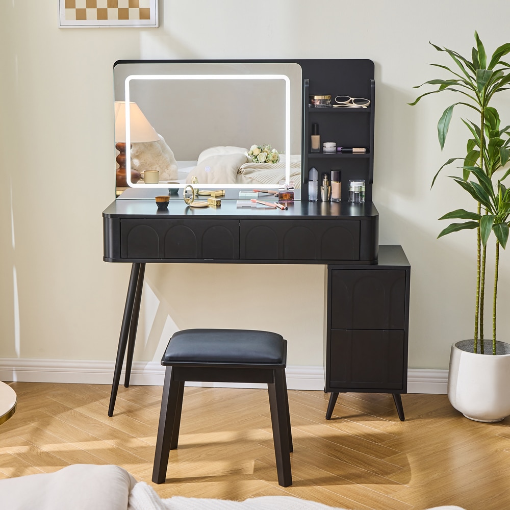 ModernLuxe N844P257529B Modern Makeup Vanity Desk with LED Lights Mirror4 Drawer Dressing Table Set with Stool3 Colors Dimmable BrightnessSpaceSaving for BedroomBlack