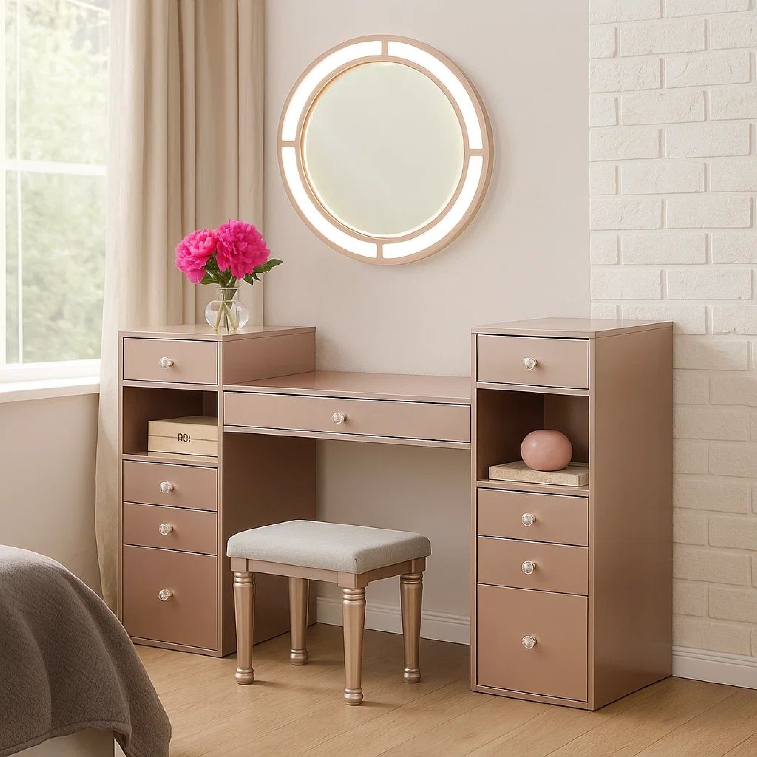 Benzara Yezy 3pc Vanity LED Mirror Desk Set with Padded Stool Blush Pink