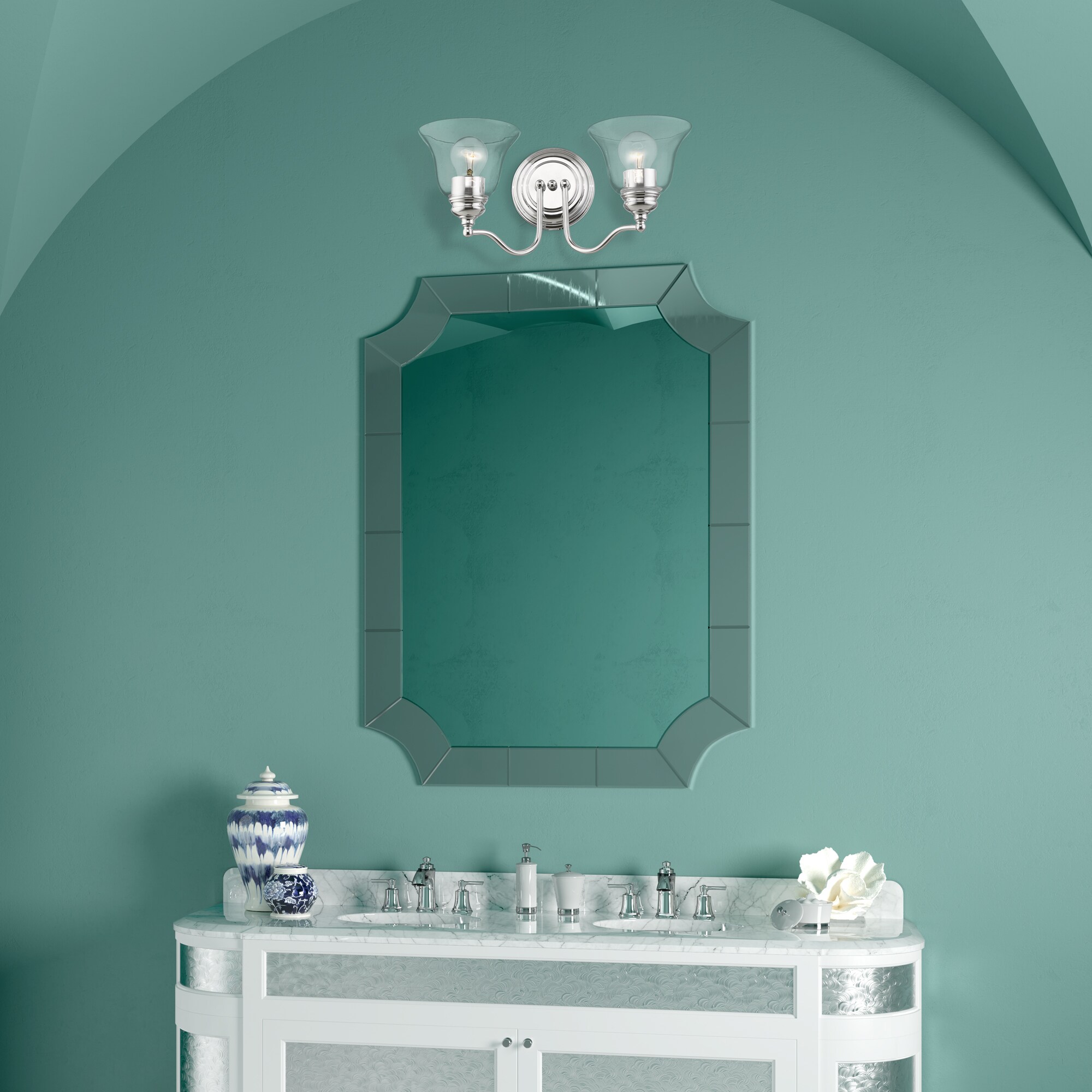 Moreland Polished Chrome Dual Light Vanity with Hand Blown Glass