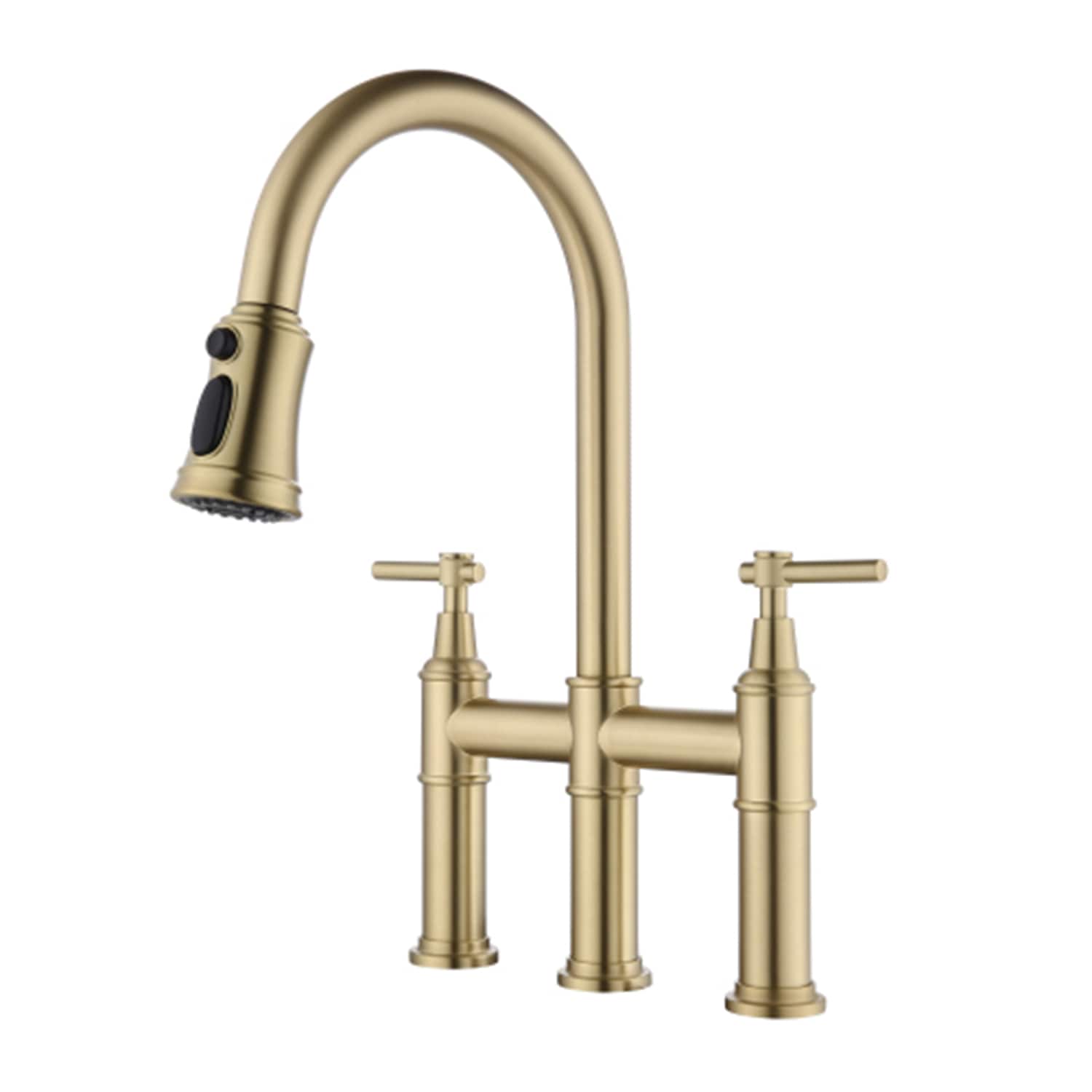 Mondawe MO227DT-GD Brushed Gold Double Handle Deck-mount Handle Commercial/Residential Bridge Kitchen Faucet with Sprayer