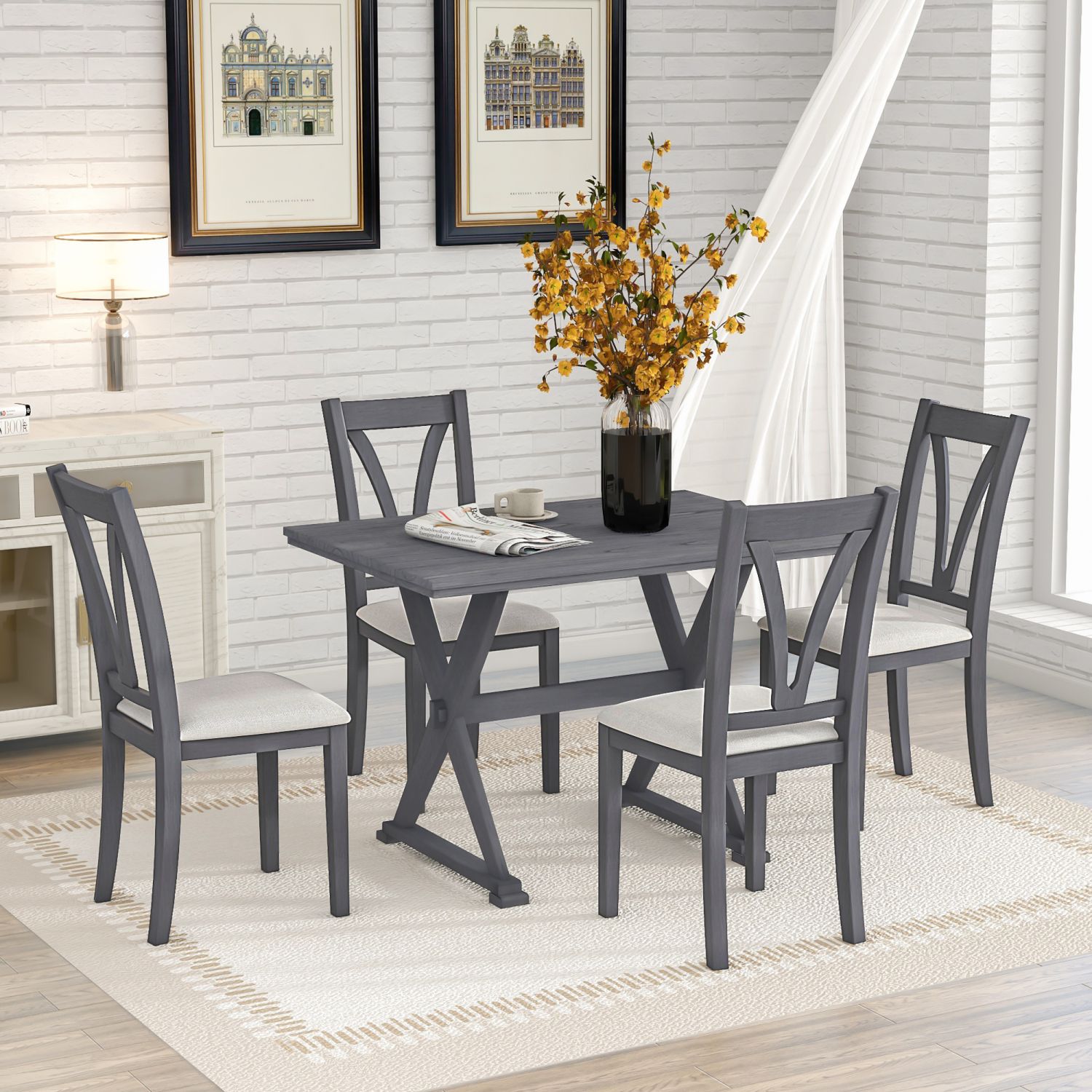JASMODER SH000252AAE Mid-Century Wood 5-Piece Dining Table Set With 4 Upholstered Dining Chairs For Small Places, Antique Grey