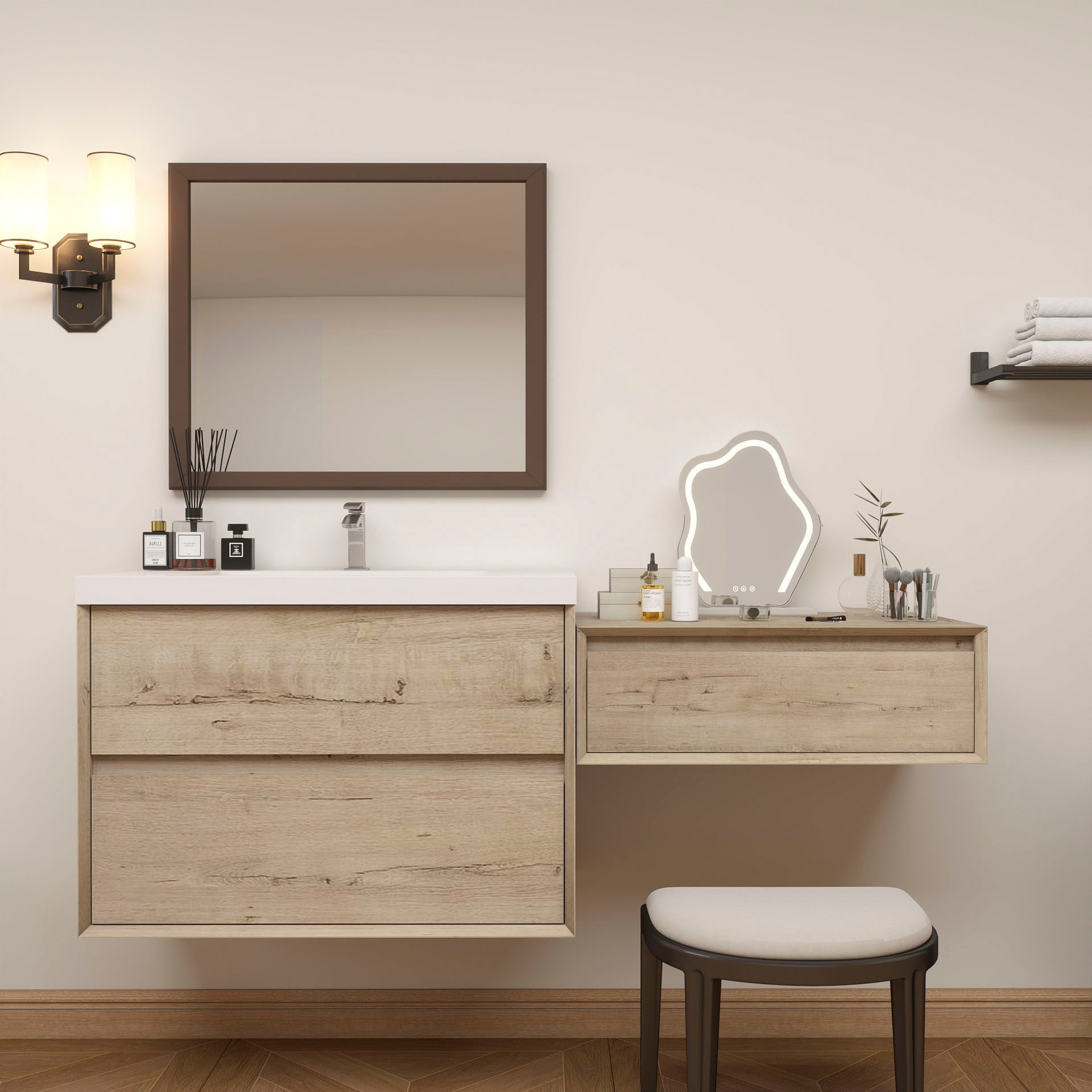 BV Better Vanity SLIM17-36+30-WO Kingdee 66-in Light Oak Single Sink Floating Bathroom Vanity with White Acrylic Top