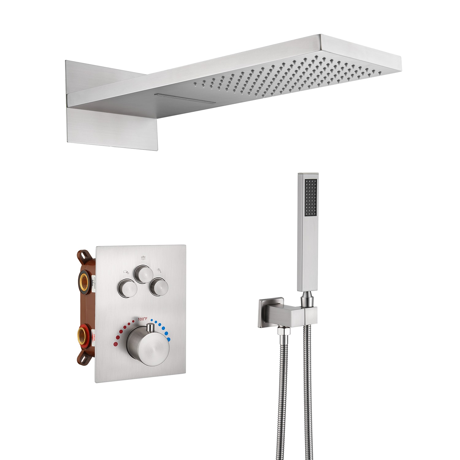 Mondawe MO-DTF5506NS Brushed Nickel 22-in Waterfall Built-In Shower Faucet System with 2-way Diverter ( Thermostatic Valve Included )
