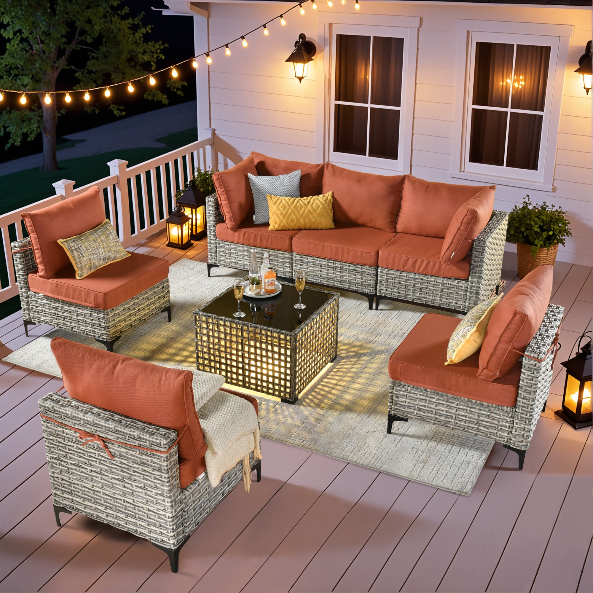 ALTRIGUS 6L-SKT80C7-AL 7 -Piece Wicker Patio Sofa Conversation Set with Orange Cushions