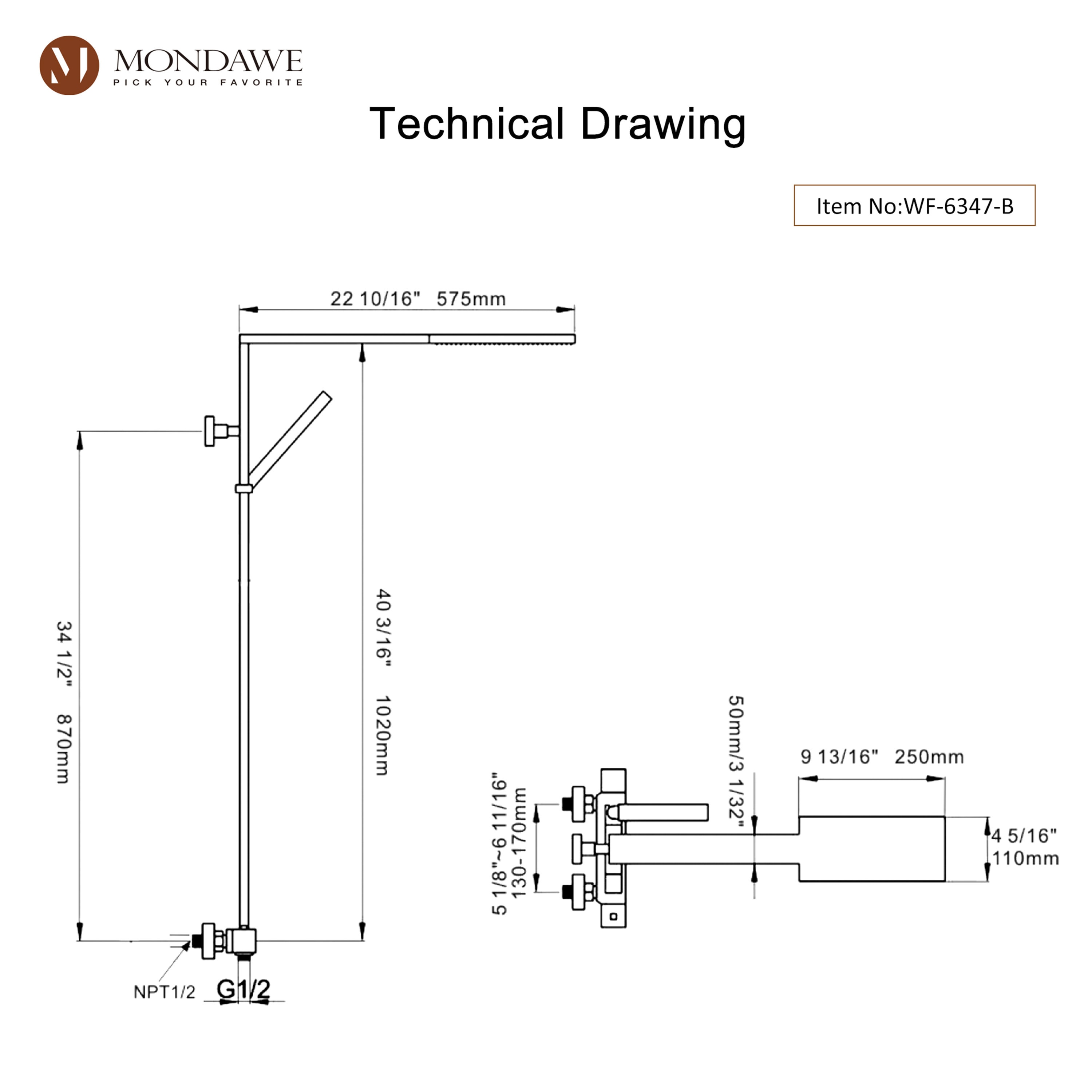 Mondawe MDRB-008MB Showerhead-Bar-Panels - View #8