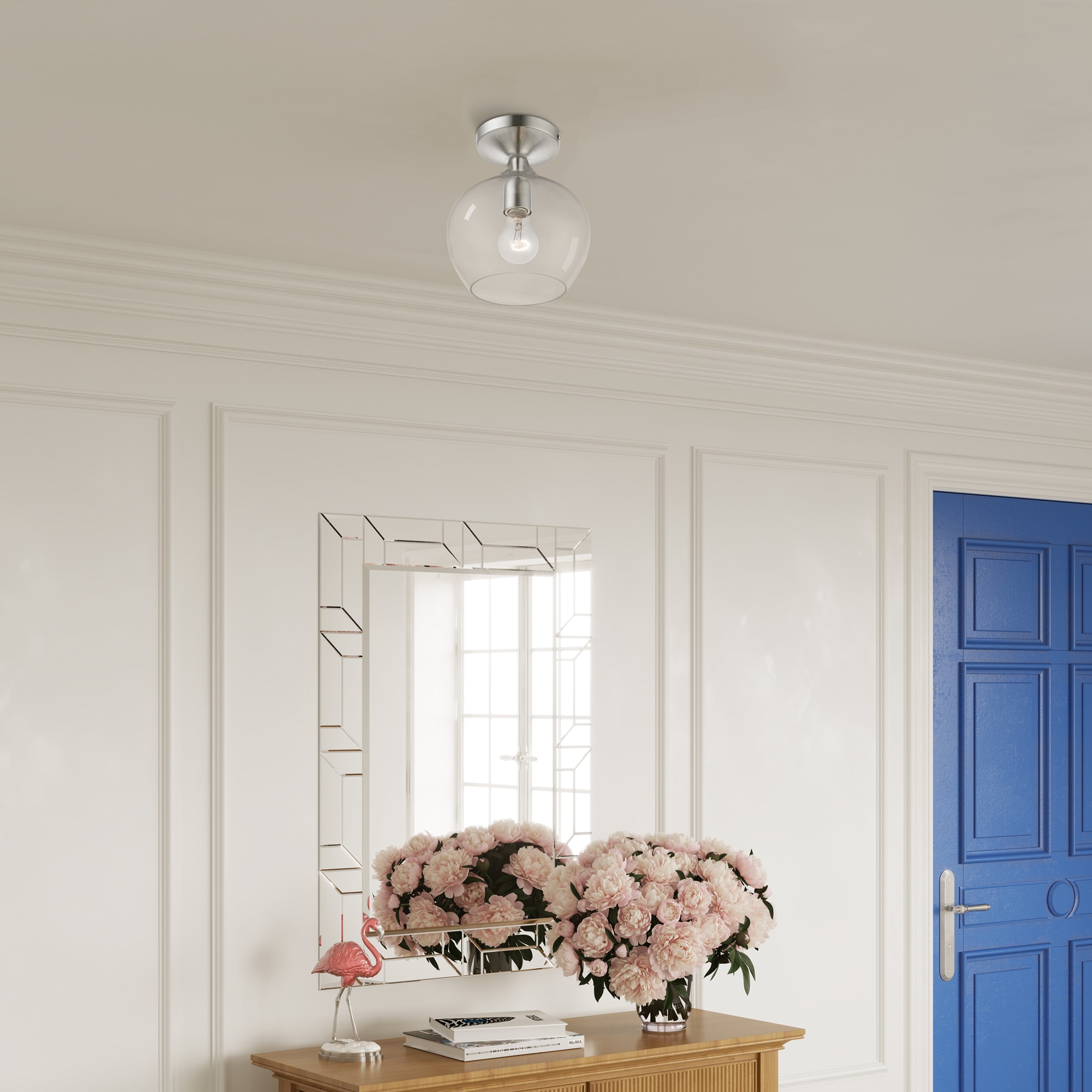 Brushed Nickel 1-Light Semi-Flush Mount with Clear Glass Shade