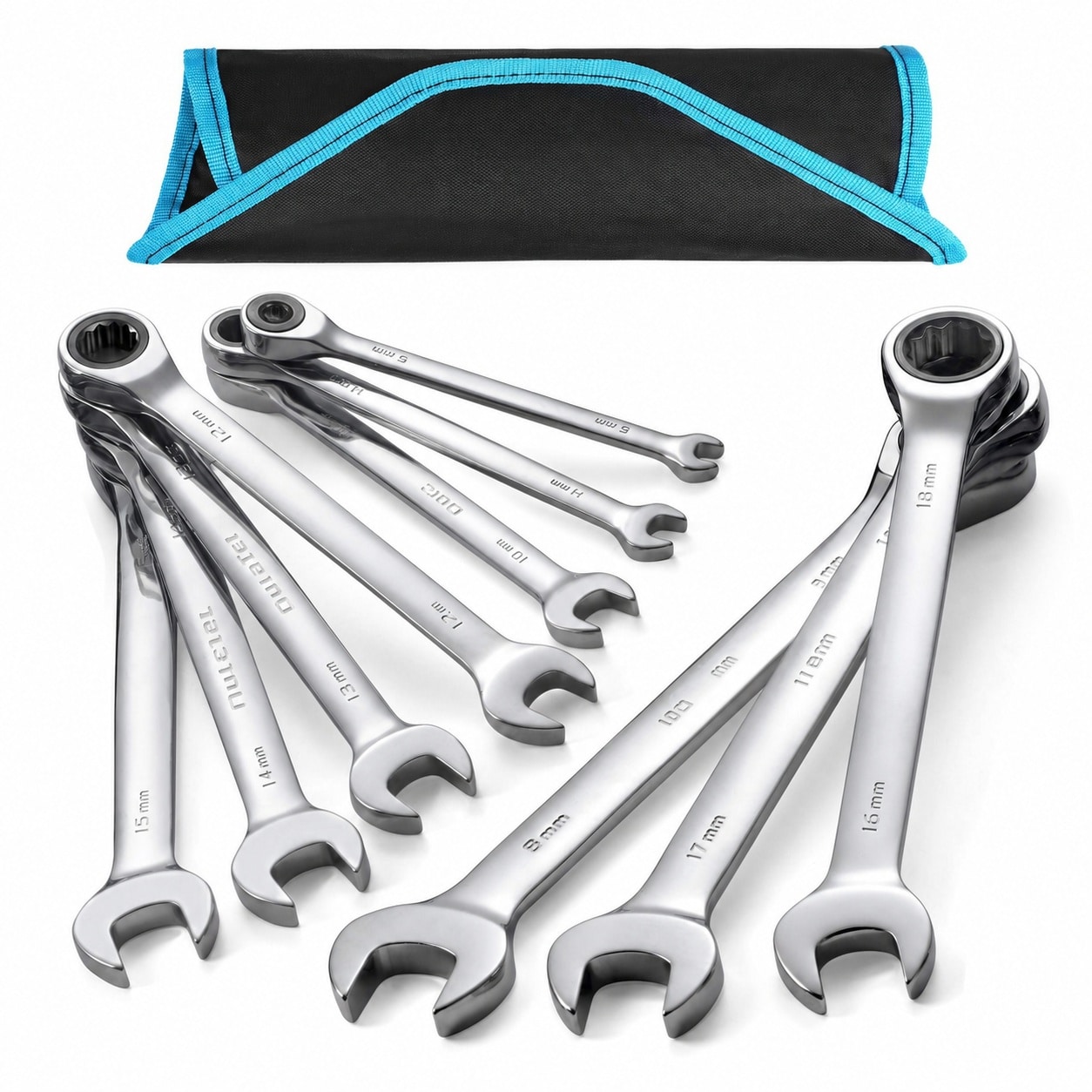 Ahfiwaso  Metric Ratcheting Combination Wrench Set 10 Piece CRV Steel 6mm to 18mm Mirror Finish 12 Point Box End with Organizer Pouch for