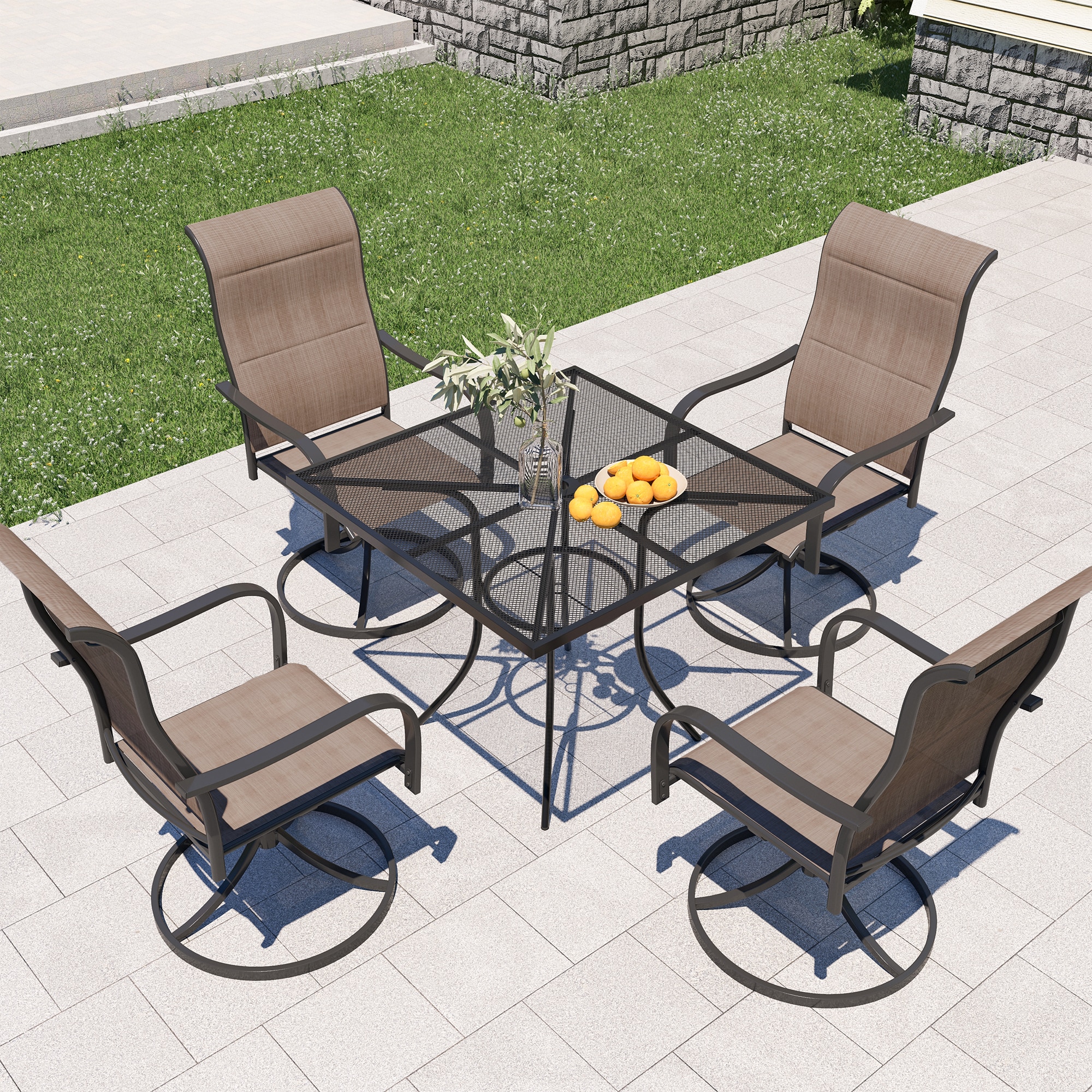 Patio 5 piece Dining Set 5-Piece Brown Patio Dining Set Steel Round Table with 4 Swivel Chairs | - Clihome CL-7SL4ZY1STBL