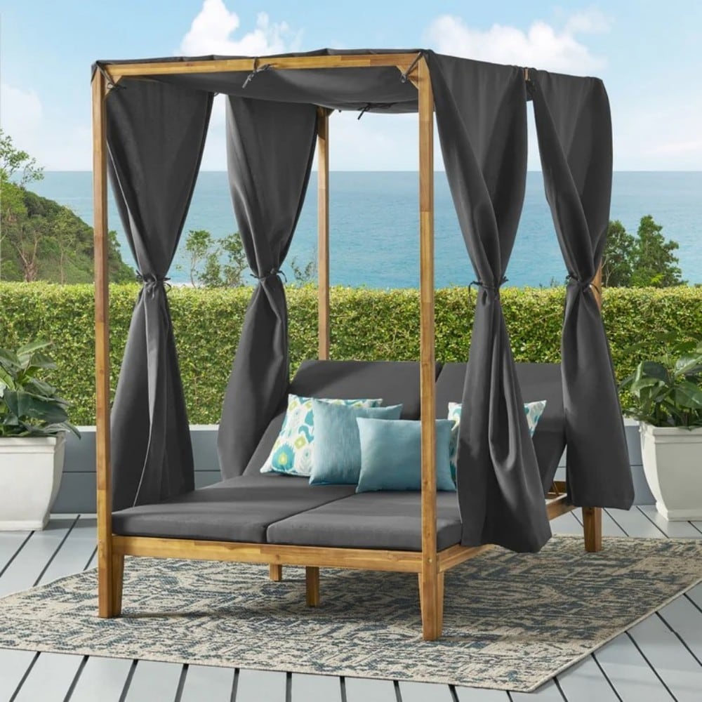 AAZJ JPN-71046DGRY Patio Daybed Teak Wood Frame Stationary Chaise Lounge Chair with Dark gray Cushioned Seat
