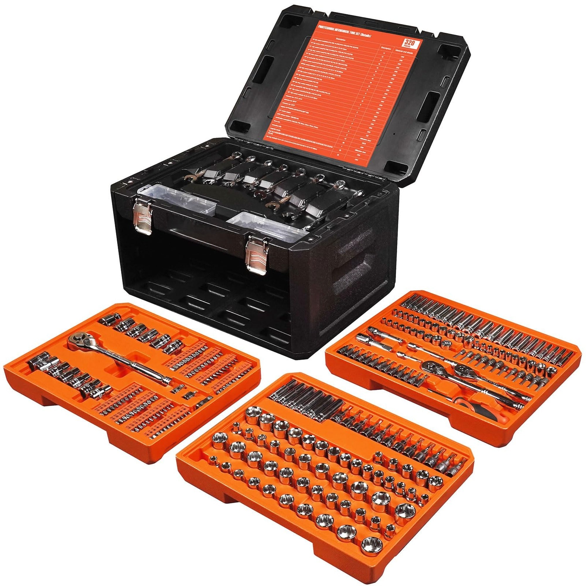 Angel Sar 320 Pcs Professional Mechanics Tool Set Metric SAE Socket Set 1/4 3/8 1/2 Inch Drive 72 Tooth Ratchet for Automotive Repair