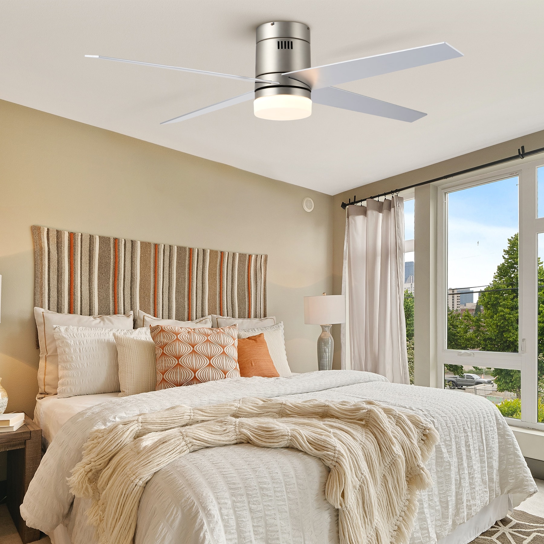 CO-Z CFN-1101-NI 52-in Integrated LED Flush Mount Nickel with Brushed Blades Propeller Ceiling Fan With Light - Remote Included ( 4 -Blade )