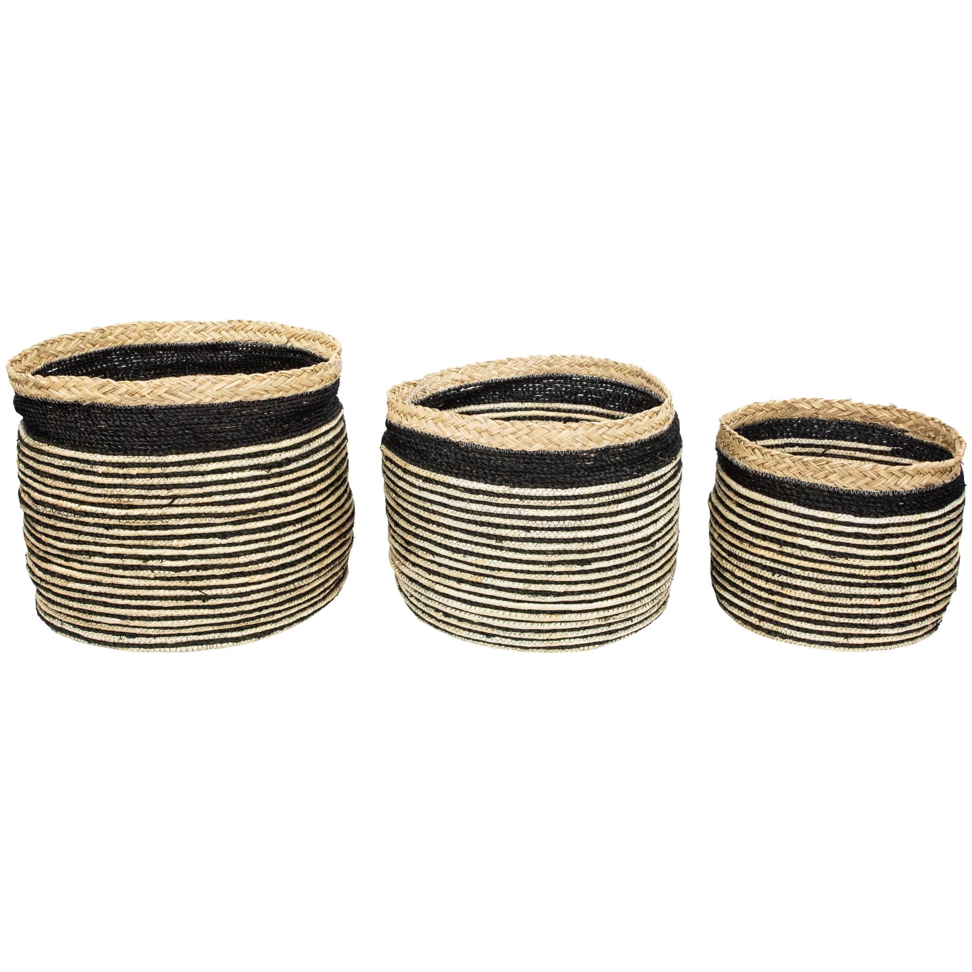 Northlight Set of 3 Tan and Black Striped Seagrass Storage Baskets with Braided Trim 17 inch