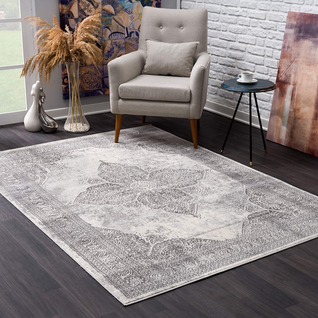 HomeRoots 4000390081 2 x 3 (ft) Polypropylene Grey Rectangular Indoor Medallion Area rug