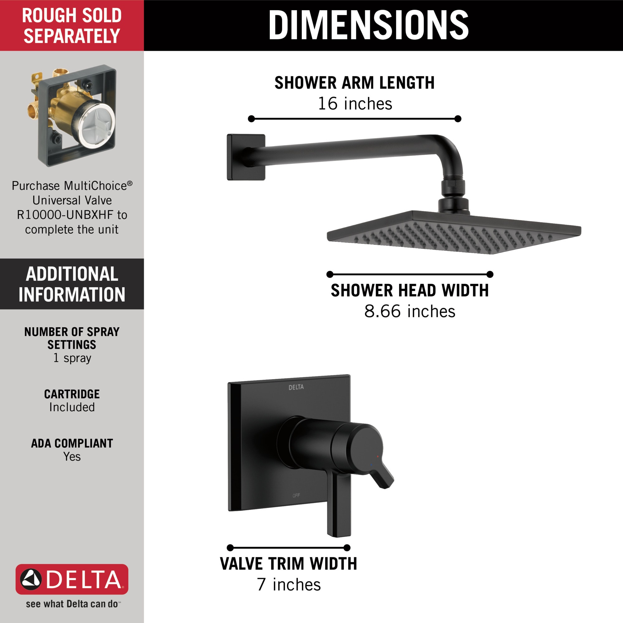 Delta Pivotal Matte Black 2 Handle Single Function Square Shower Faucet Valve Included T17t299