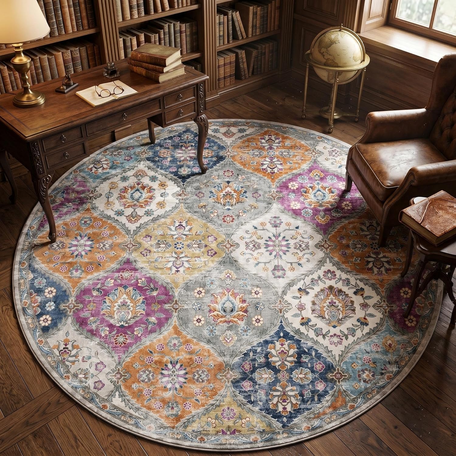 GarveeLife - 5 Ft Purple Round Vintage Trellis Washable Area Rug Digital Printed Fau+ Wool Low Pi...