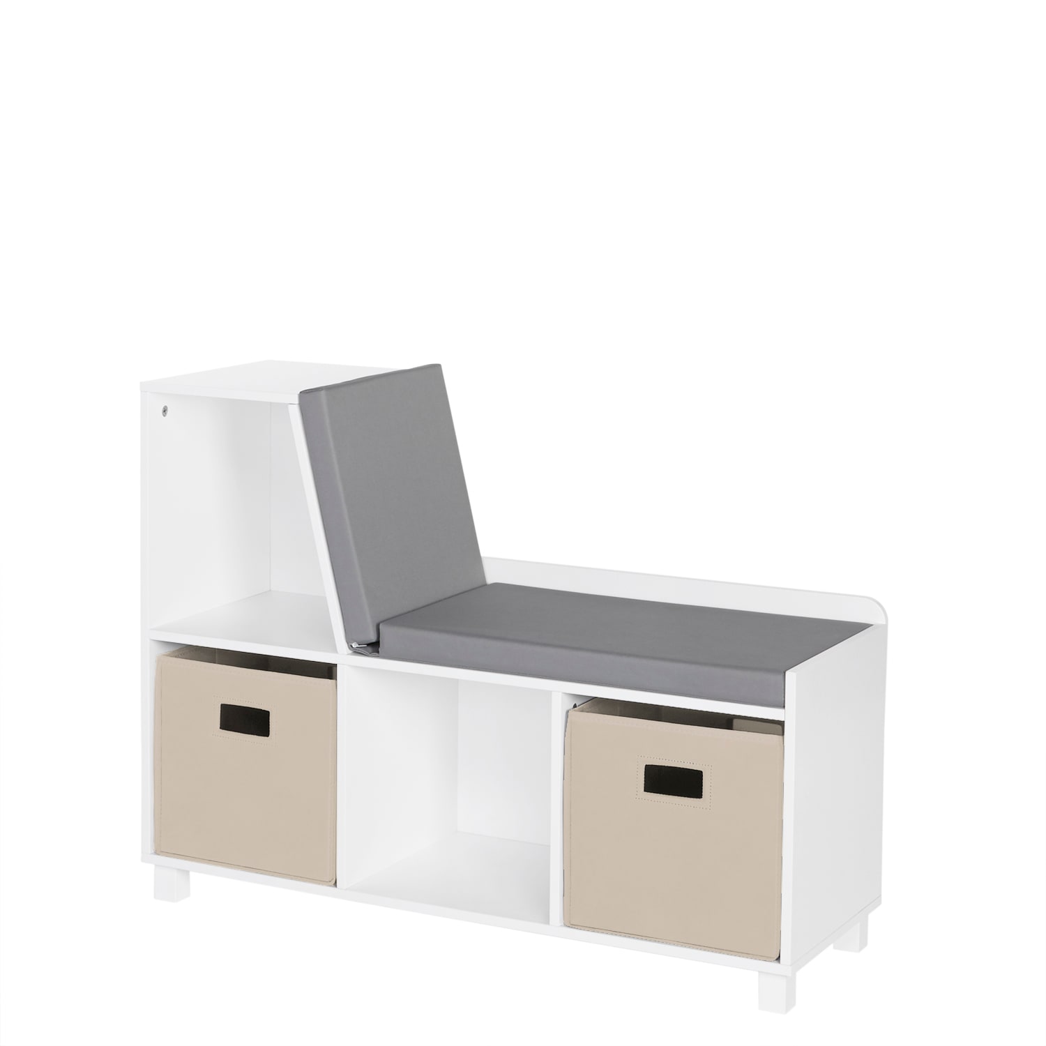 RiverRidge 02-201K Book Nook Storage Bench Casual White with 2 Pc Taupe Bins Storage Bench with Storage 35-Inches x 12.38-Inches x 26.5-Inches