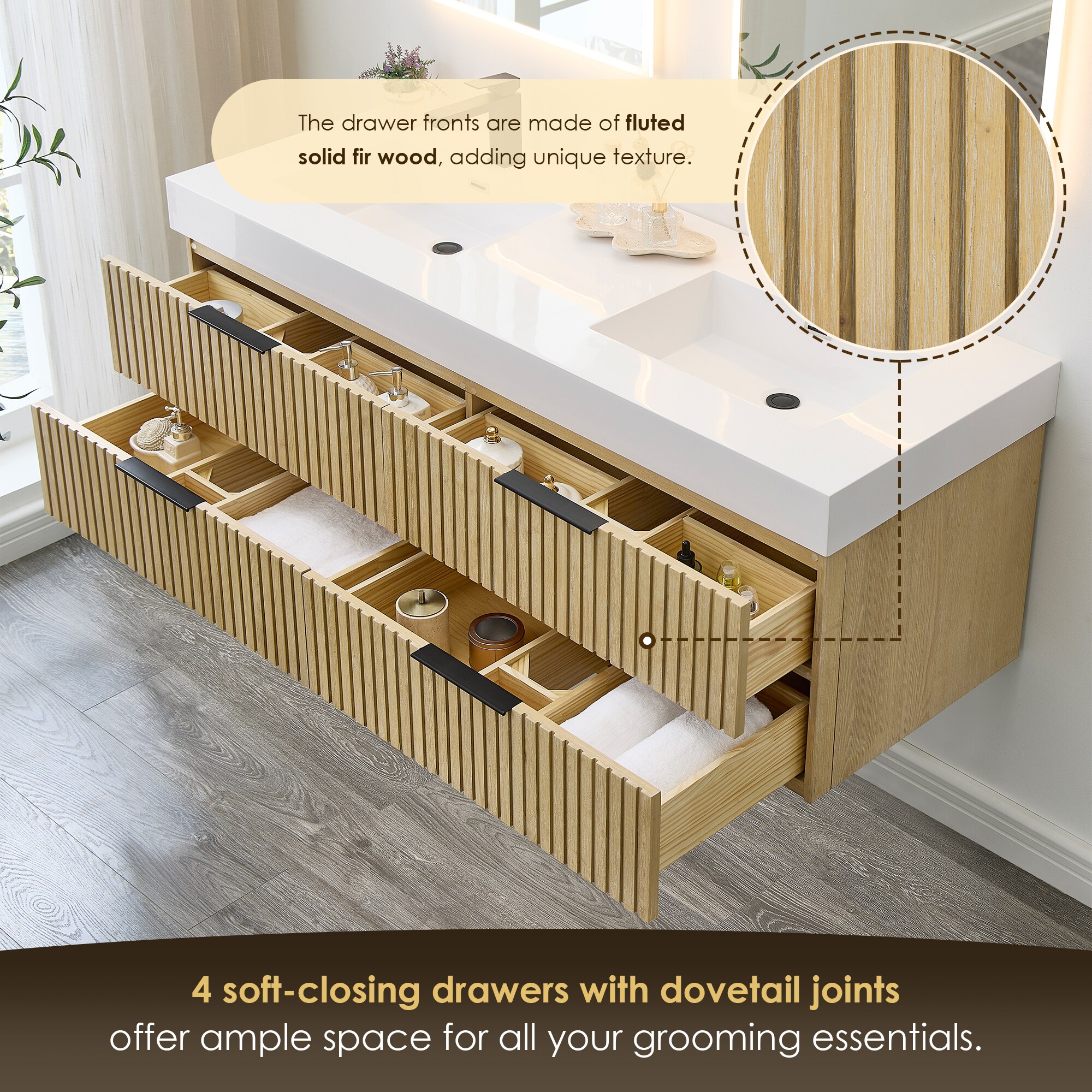 Livia 60" Nature Brown Fir Wood Wall-Mounted Vanity