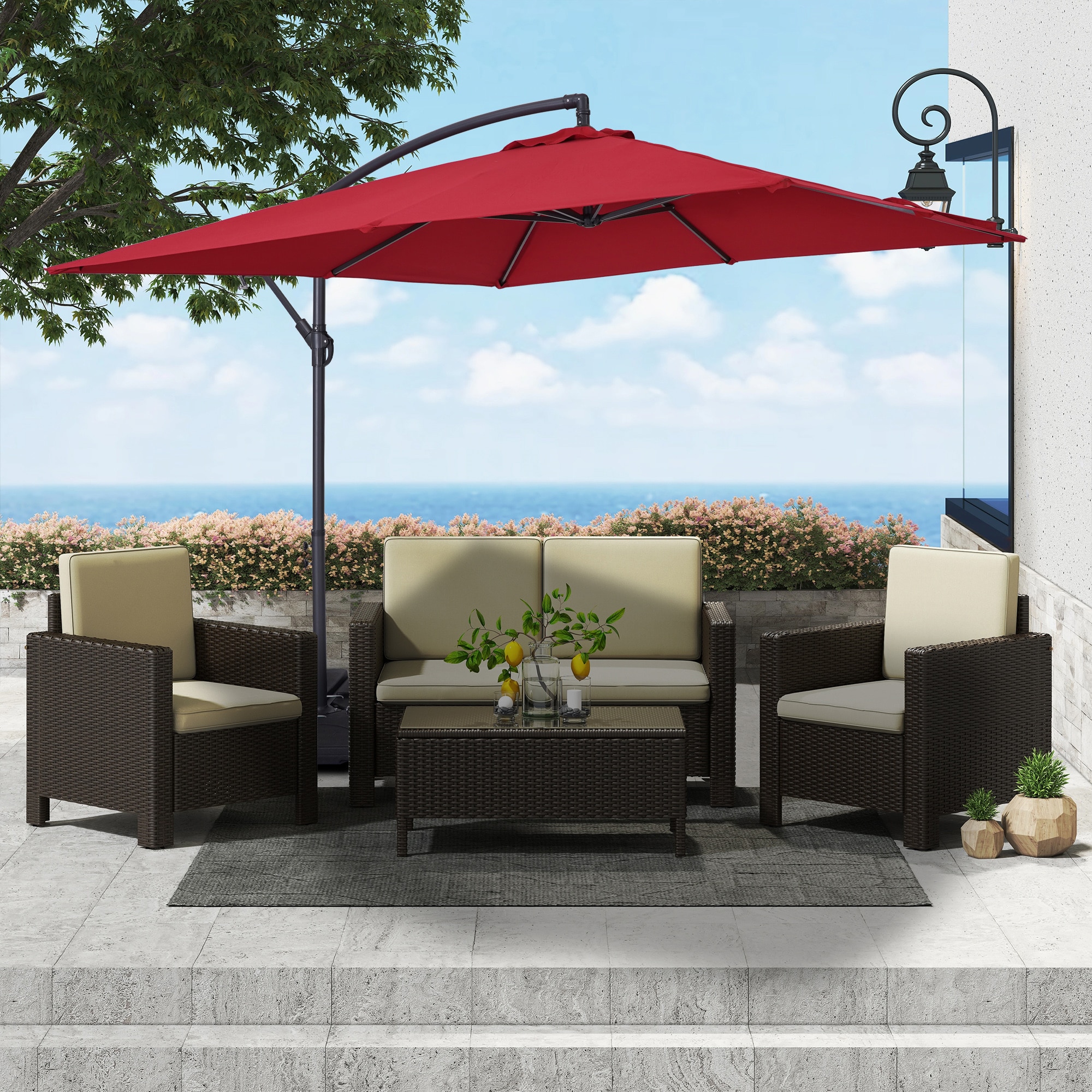 Casainc 8.5-ft Aluminum Red Crank Cantilever Patio Umbrella With Lights 