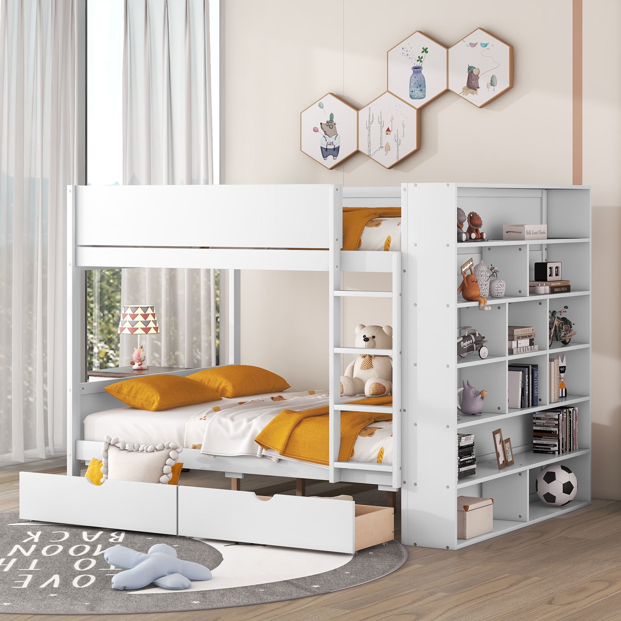 ModernLuxe LT000769AAK Full over Full Bunk Bed With 2 Drawers and Multilayer Cabinet White