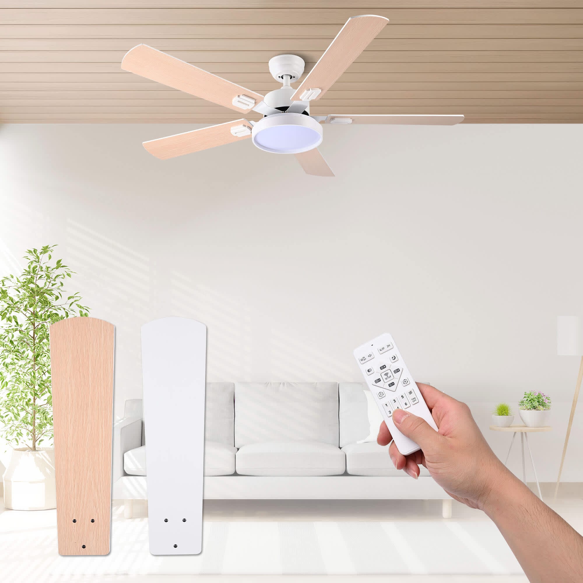 Yescom 52 inch Ceiling Fan with Light Remote Control 3 Color Temperature 6 Speeds DC Reversible,Timing Dimmable for Indoor Bedroom Living Room White #11CFL013-5B-07-LO