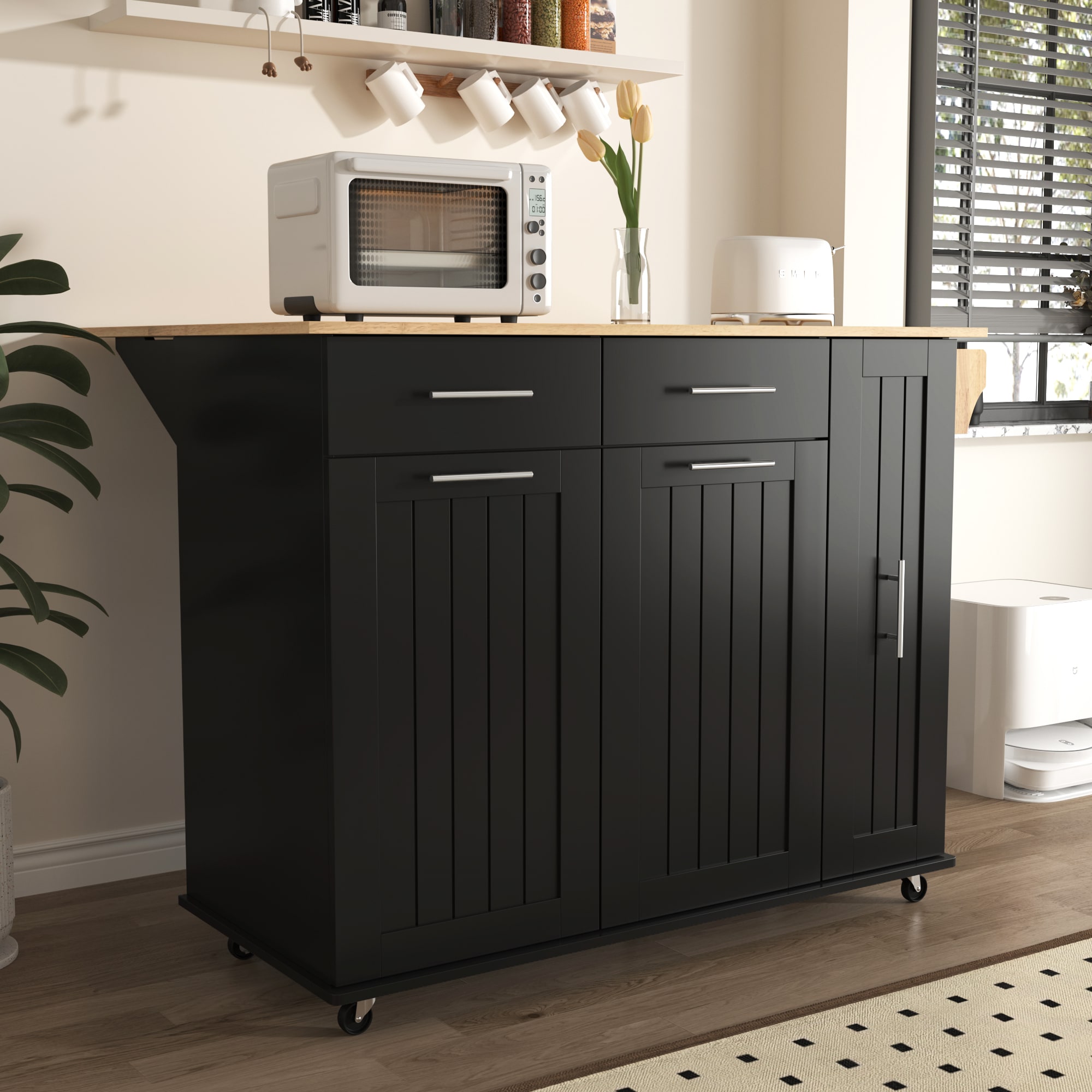 Runesay Black Mdf Base with Mdf Wood Top Rolling Kitchen Island (29.5-in x 46-in x 37-in)