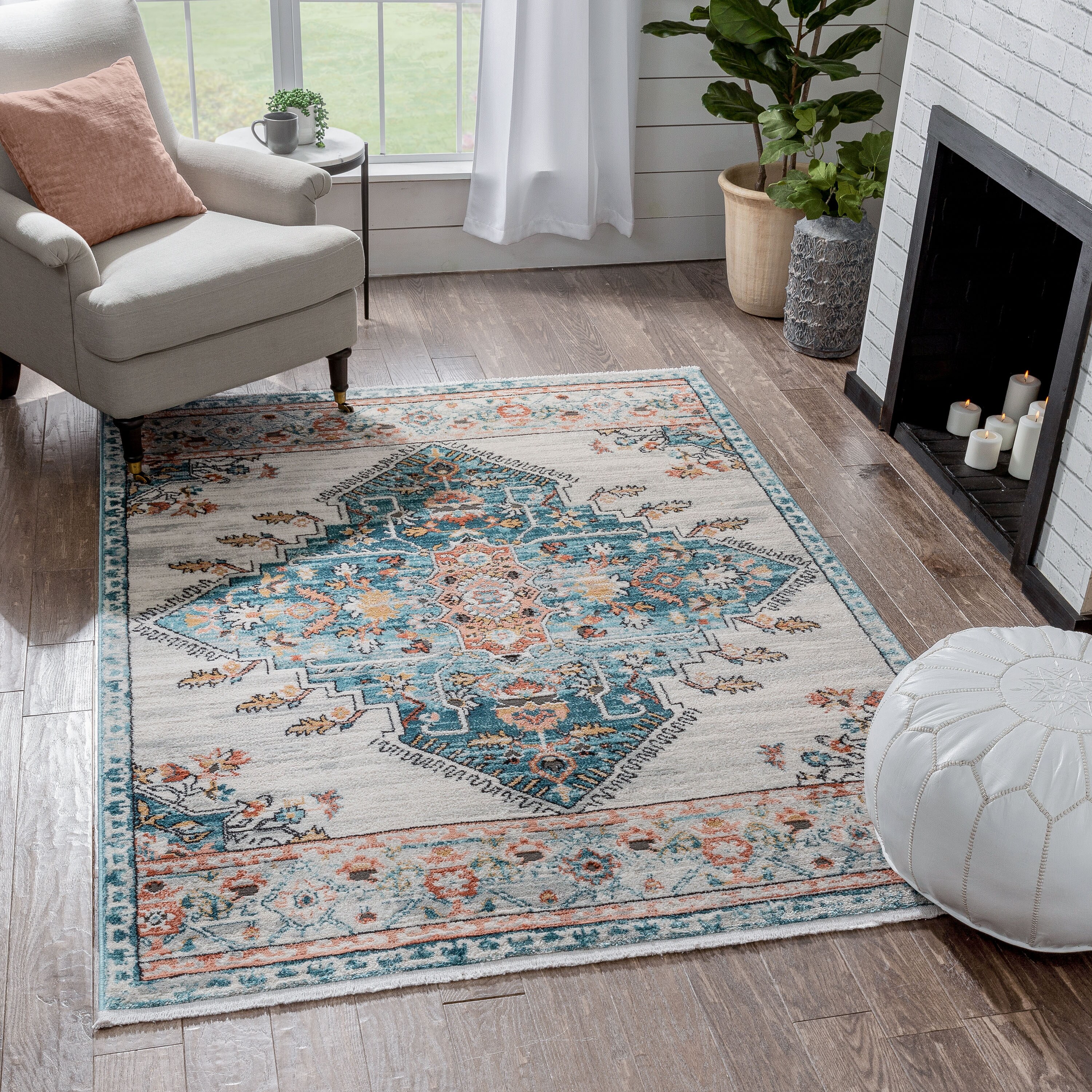 Indira Manor Vintage Bohemian Medallion Blue 6'7'' x 9'6'' Area Rug