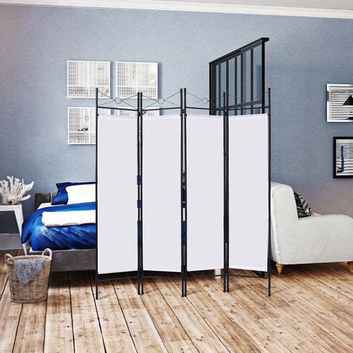 Costway 4-Panel Black + White Metal Folding Contemporary/Modern Style ...