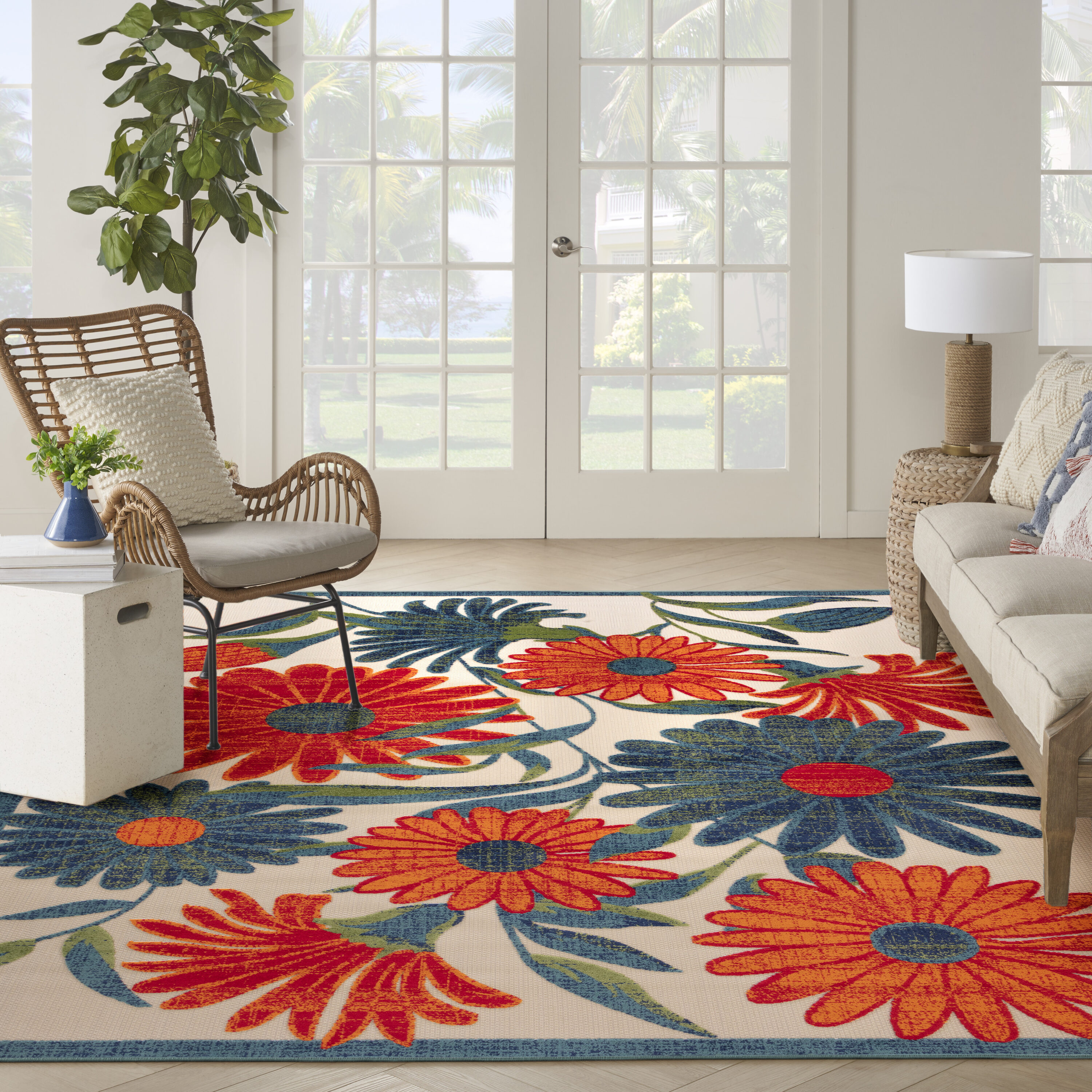 Nourison Home 099446952738 10 x 14 (ft) Loomed Polypropylene Ivory Multicolor Rectangular Indoor/Outdoor Floral/Botanical Area rug